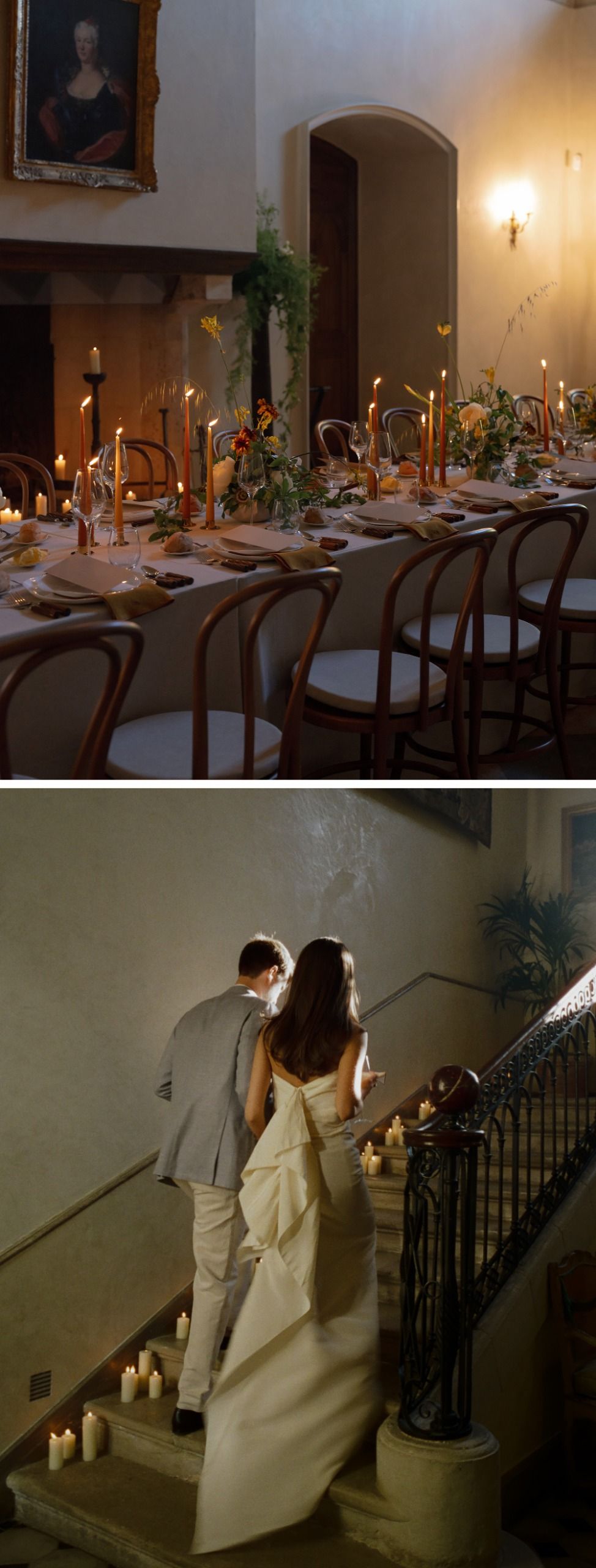 Collage of a tablescape and Abbie and Max attending their rehearsal dinner.
