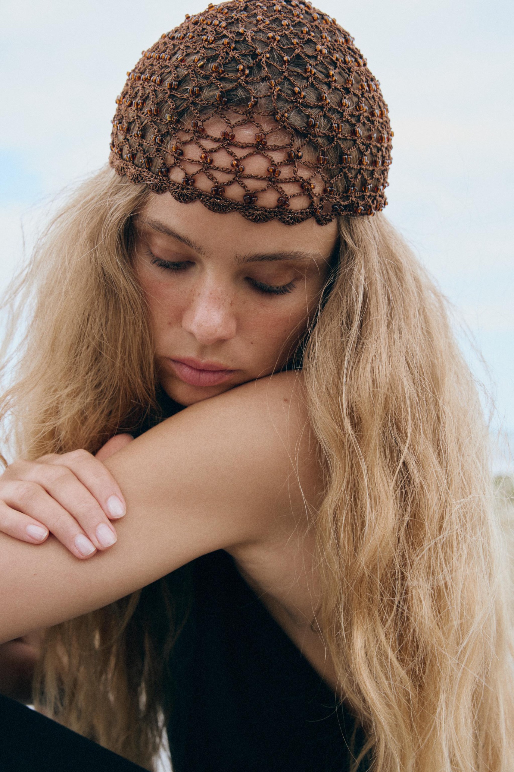 Crochet Beaded Cap - Brown - S-M