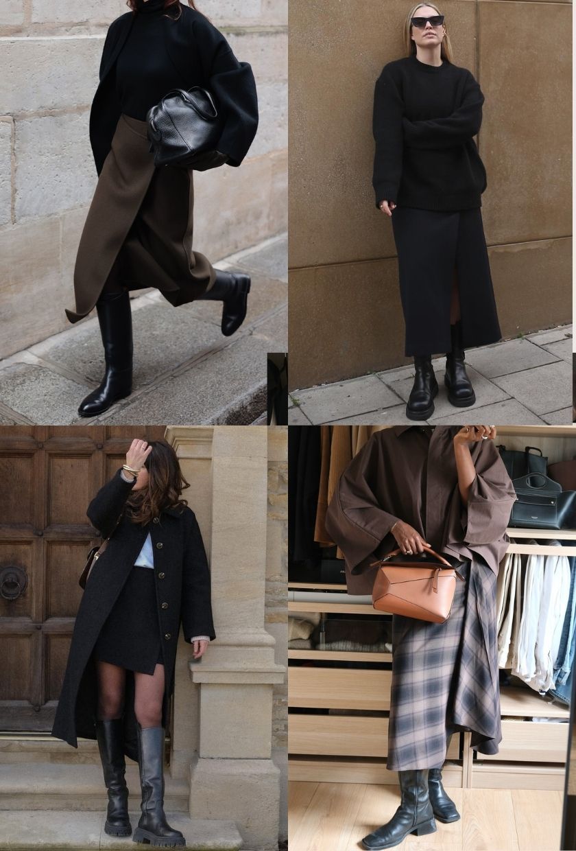 @modedamour wearing a brown midi wrap skirt, @alexisforeman wearing a black midi wrap skirt, @francescasaffari wearing a mini wrap skirt, @taffymsipa wearing a check midi wrap skirt with chunky boots