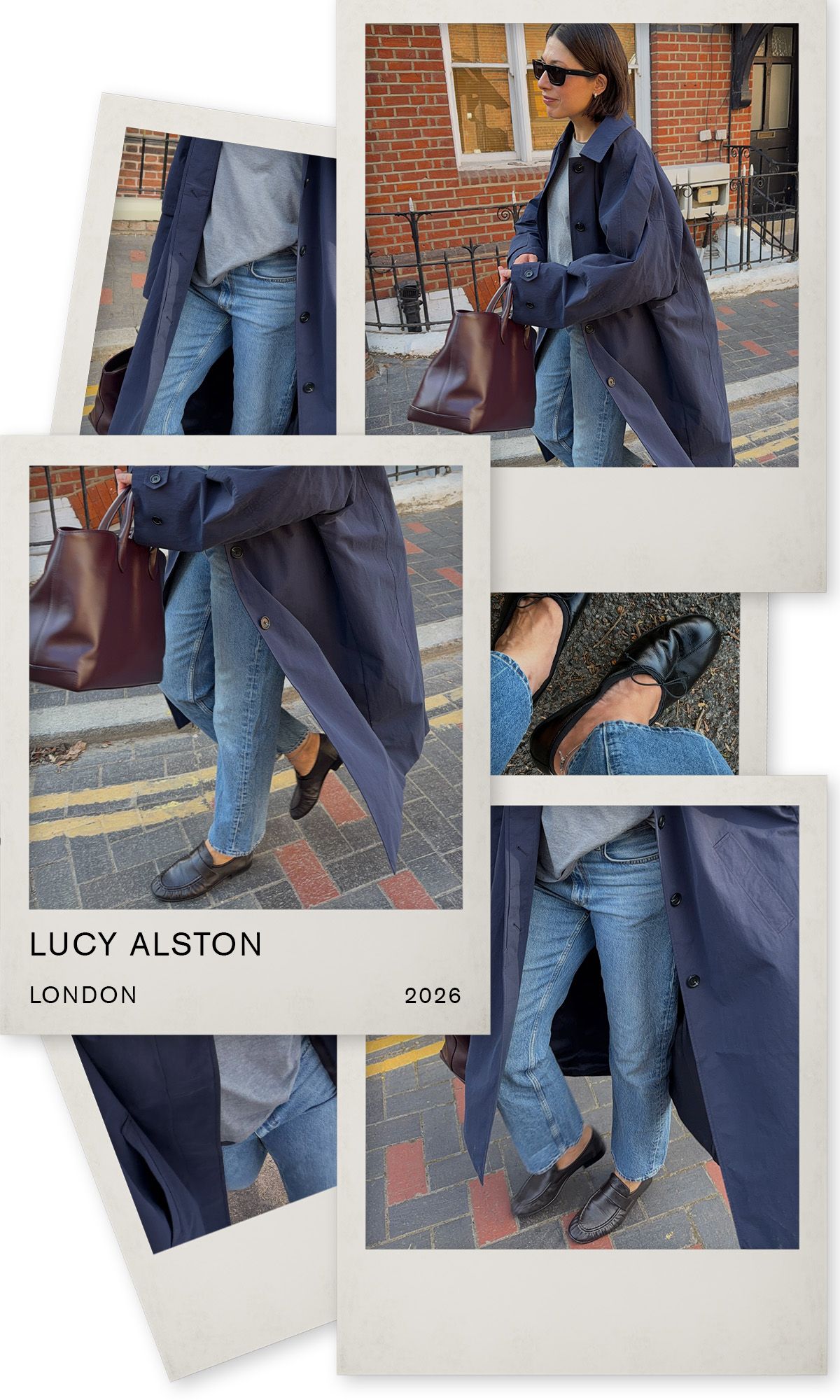 jeans outfits in stylish cities: Lucy Alston wears a navy coat, grey jumper, blue jeans and loafers in London