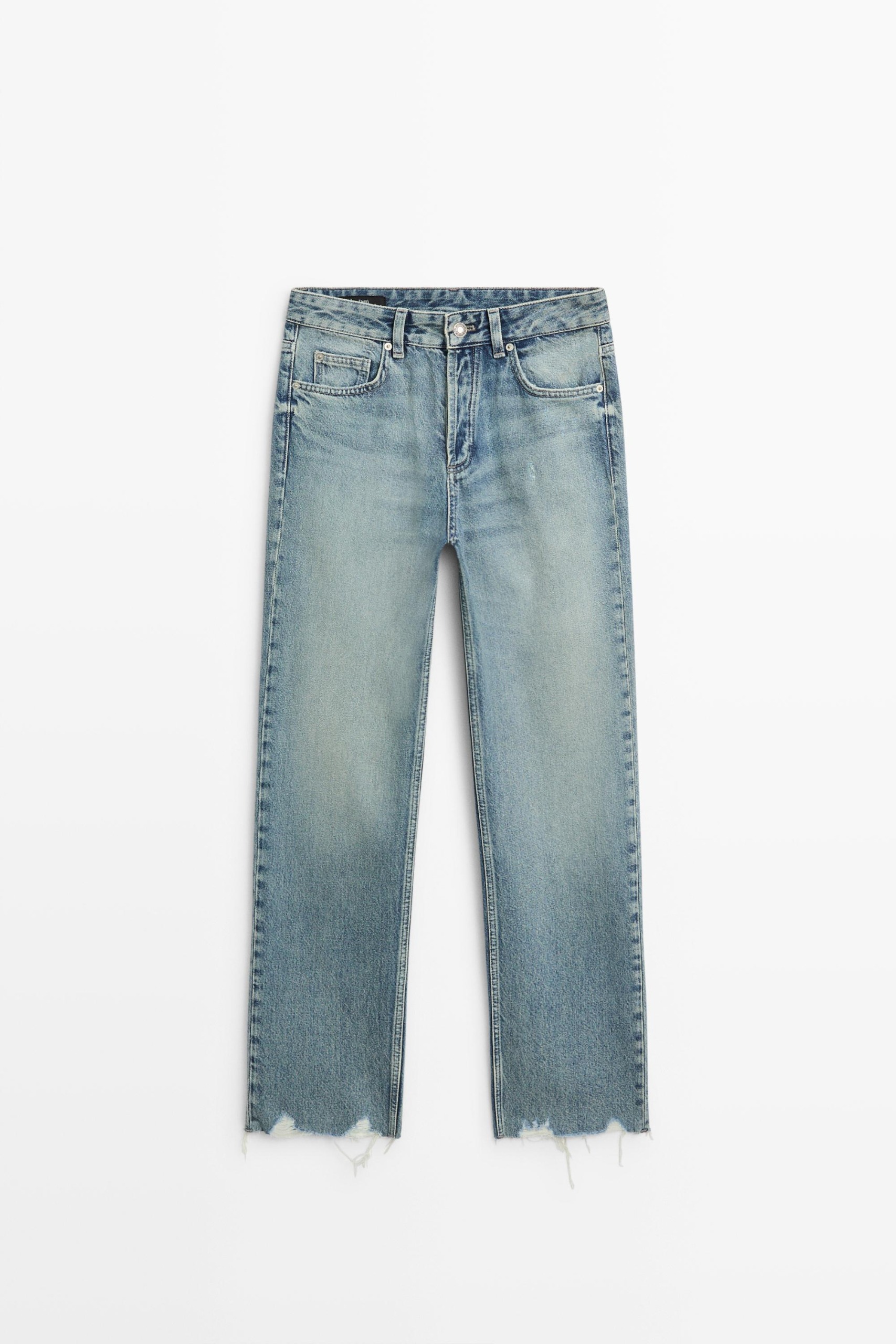 Stovepipe Fit Mid-Waist Jeans With Frayed Hem - Aquamarine - 2 (us 2)