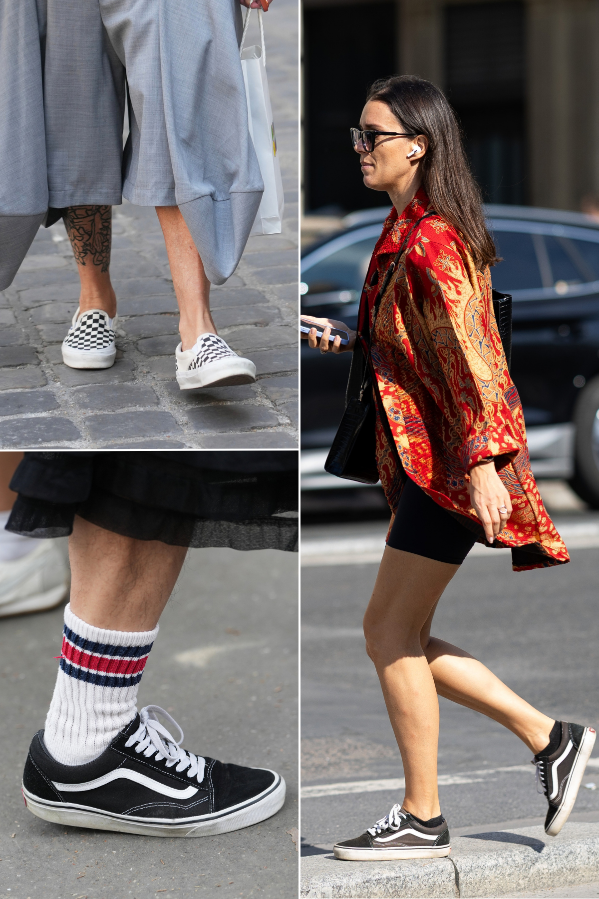 Paris fashion week street style trainer trends September 2026: Sk8er Boi. Three fashion people wear the trend styled with cullottes, a paisley print jacket and blacks and a tulle skirt.