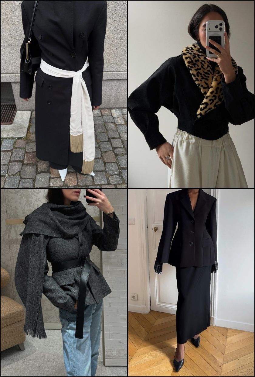@ingridedvinsen wears a white fringe satin scarf,&nbsp;@selenamual wears a leopard-print faux-fur trim jacket, @annabelrosendahl wears a grey fringe scarf coat, @sylviemus_ wears a black waisted jacket