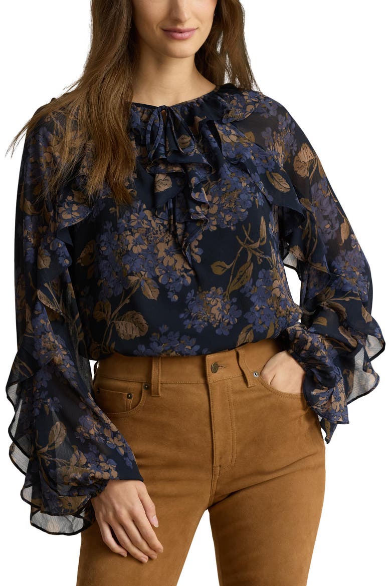 Floral Print Ruffle Trim Blouse