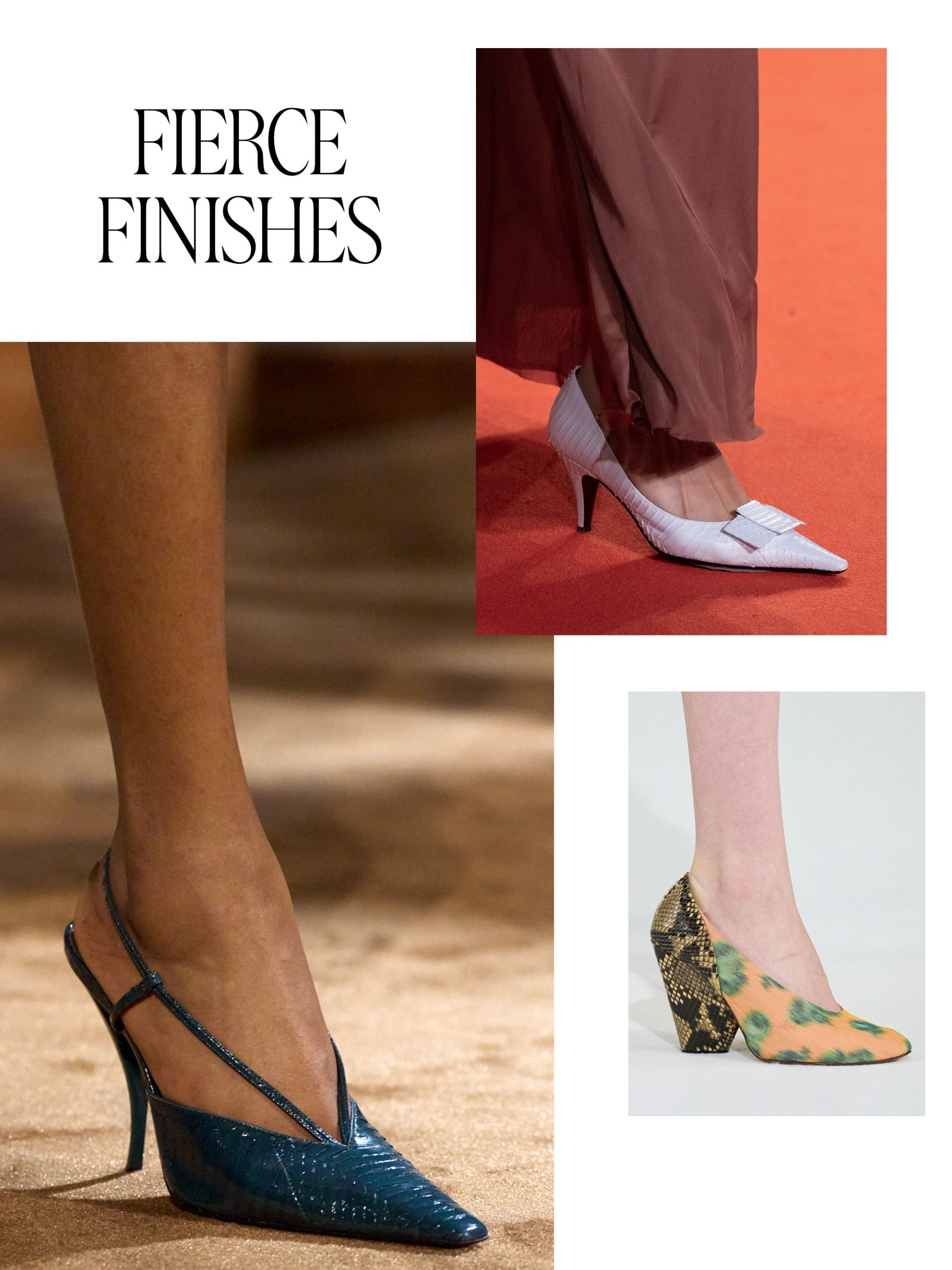 a collage of detail and full look runway images from the spring/summer 2027 collections featuring the major shoe trends