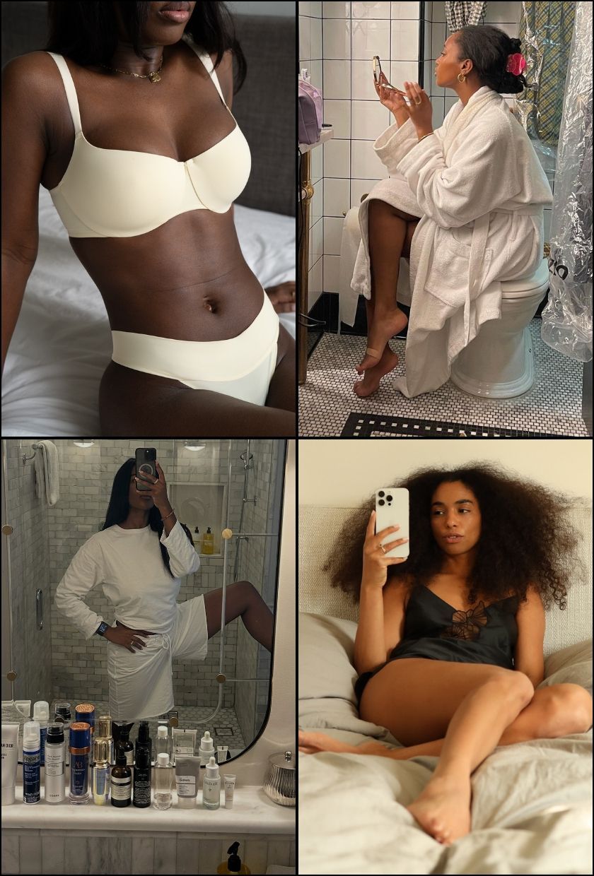 @rabia.cissokho wearing a yellow underwear set, @rayan.xasan wearing a white robe, @cherifaakili wearing a black nightdress, @nlmarilyn wearing a white long-sleeve top and shorts