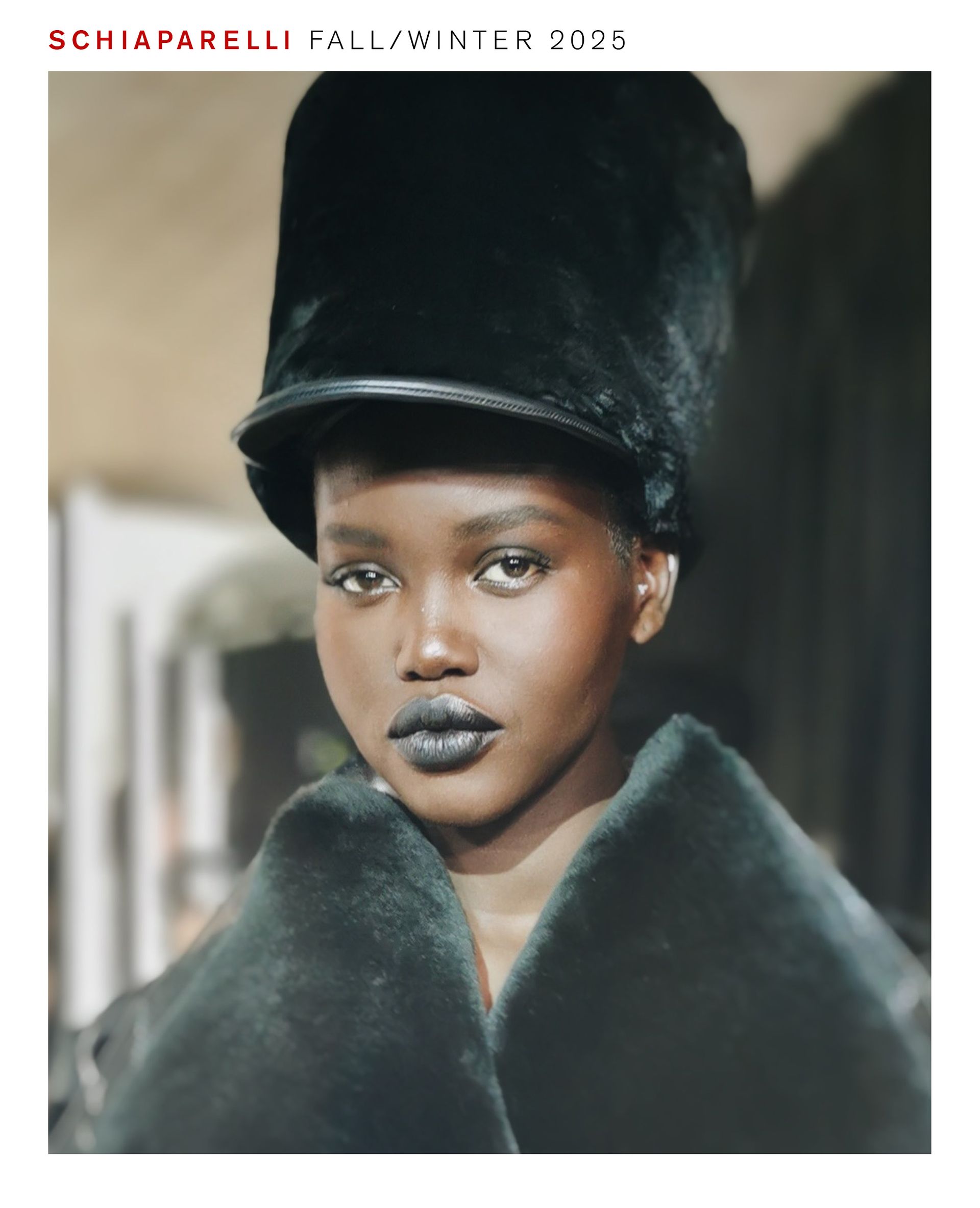 Model wearing Pat McGrath makeup look for Schiaparelli fall/winter 2025 show.