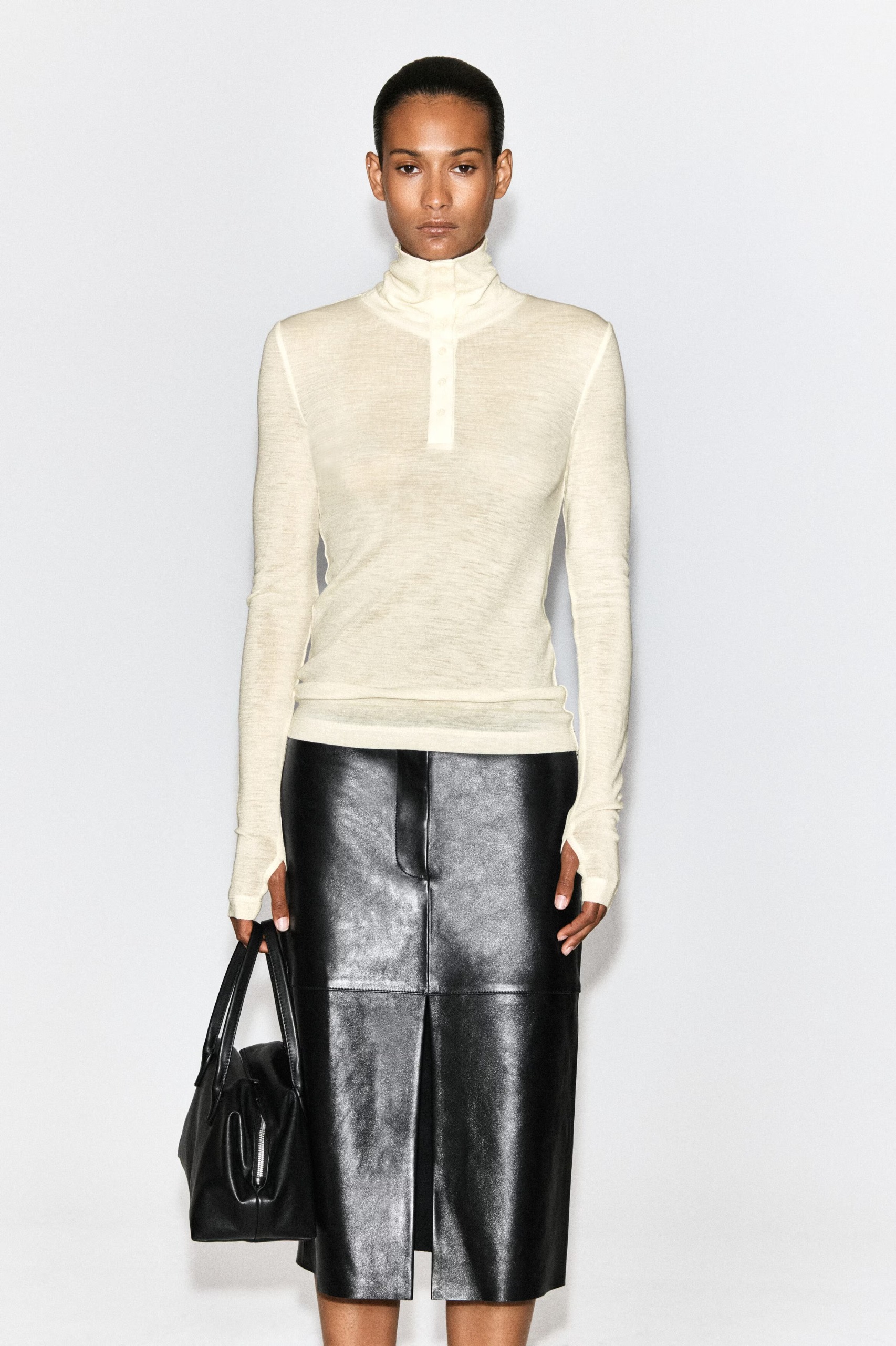 cos, Merino Wool Buttoned Mock-Neck Top