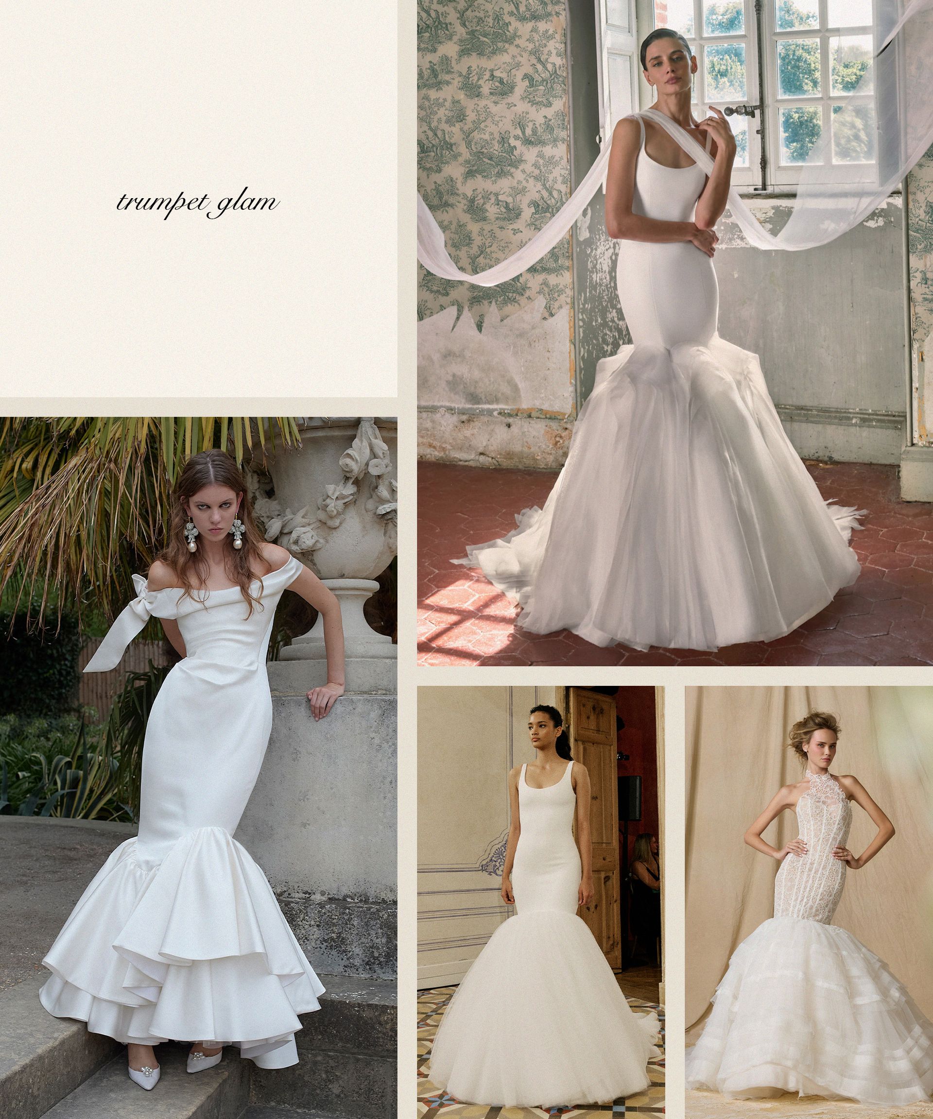 five images of models wearing trumpet wedding dresses.