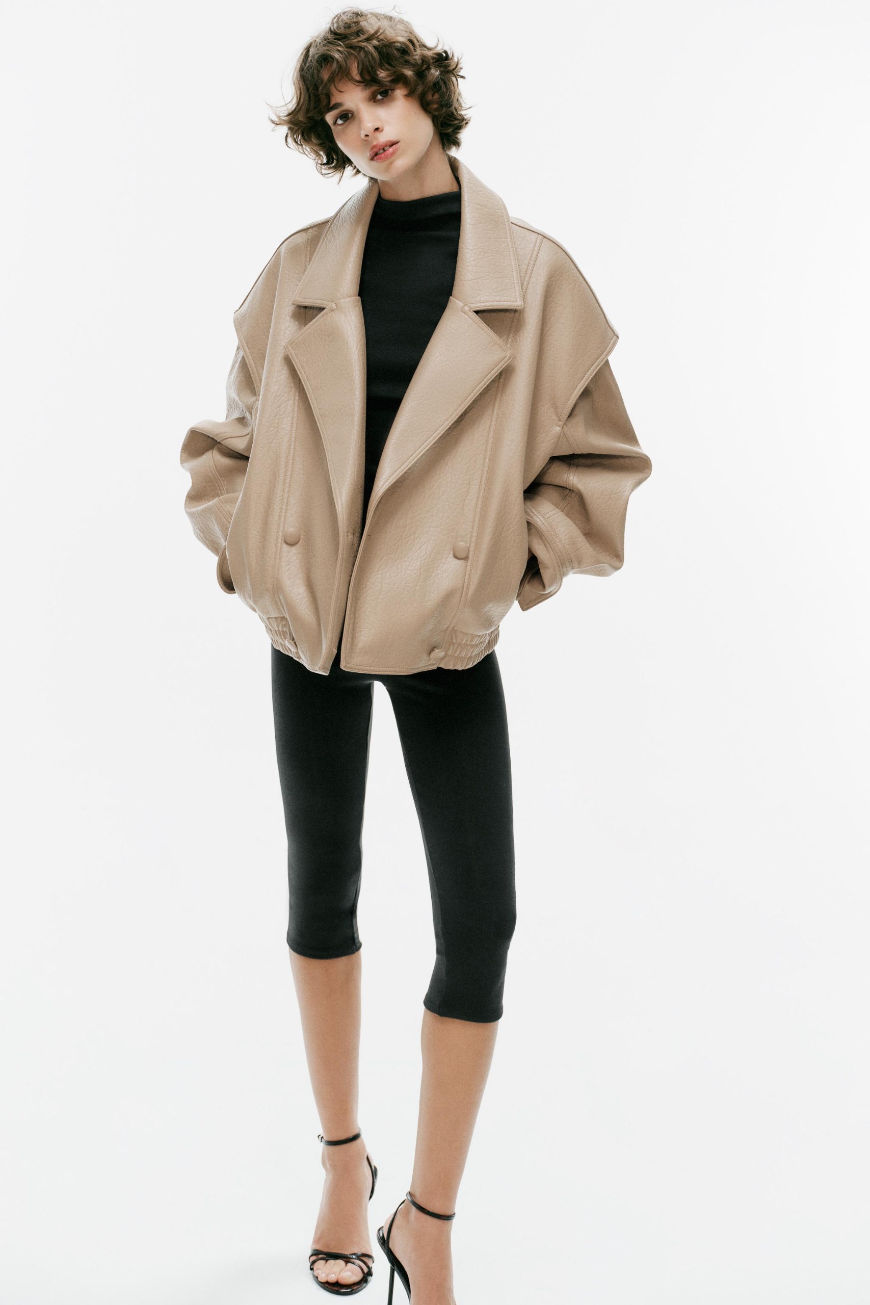 Faux Leather Bomber Jacket - Stone - Xs
