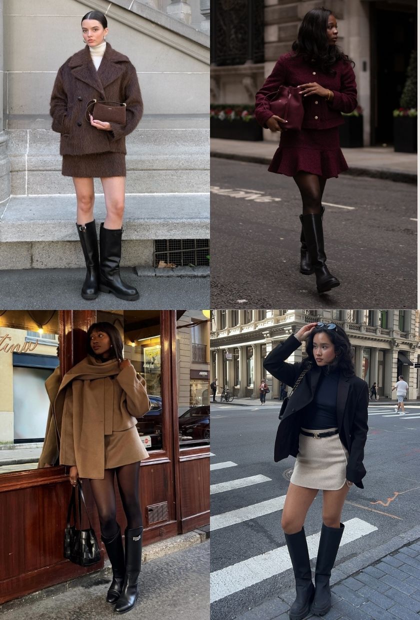 @maryljean wearing a brown mini skirt, @rabia.cissokho wearing a burgundy mini skirt, @emmanuellek_ wearing a tan mini skirt, @kristincabat wearing a cream mini skirt with riding boots