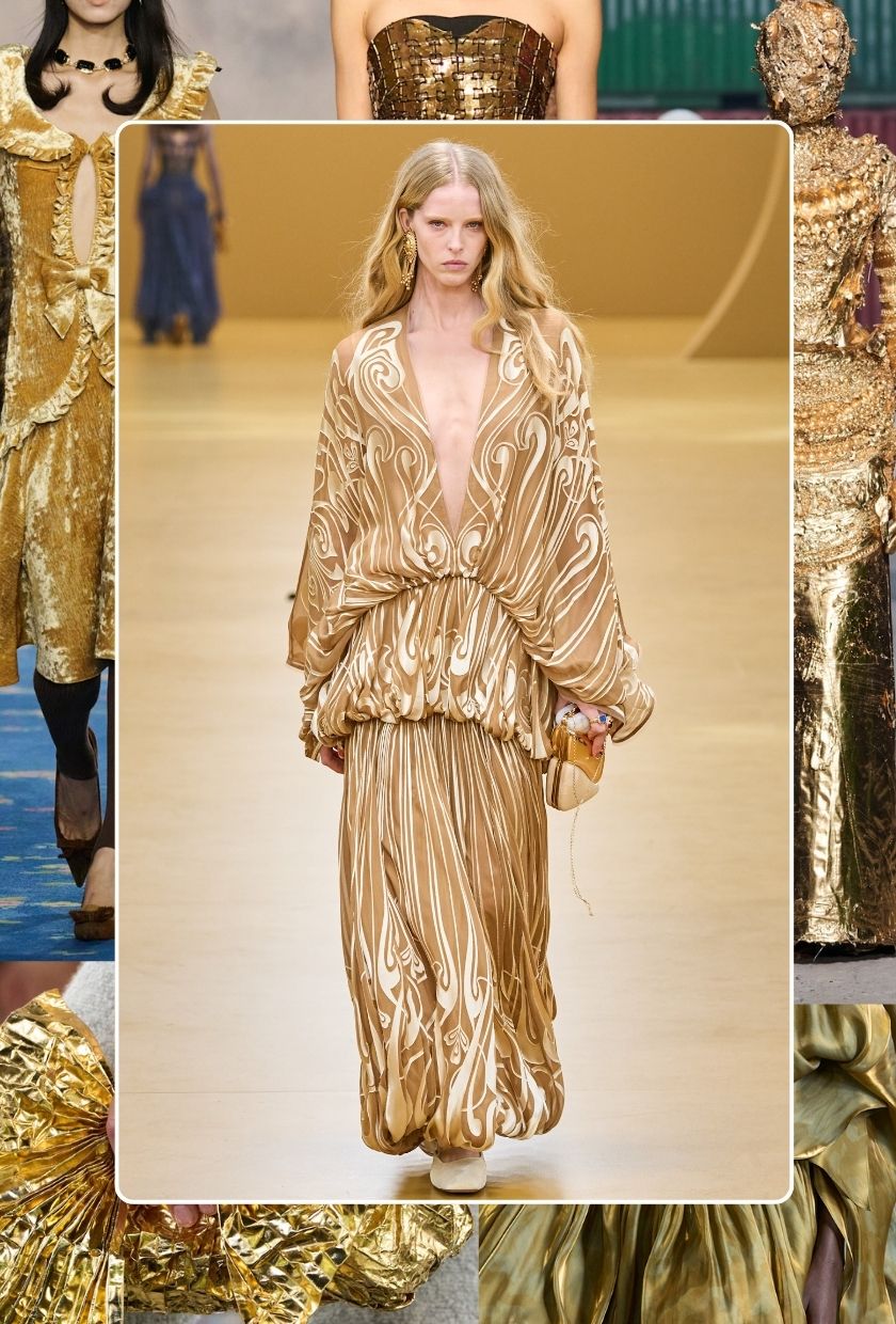 Jewel tone fashion trend 2026: gold runway