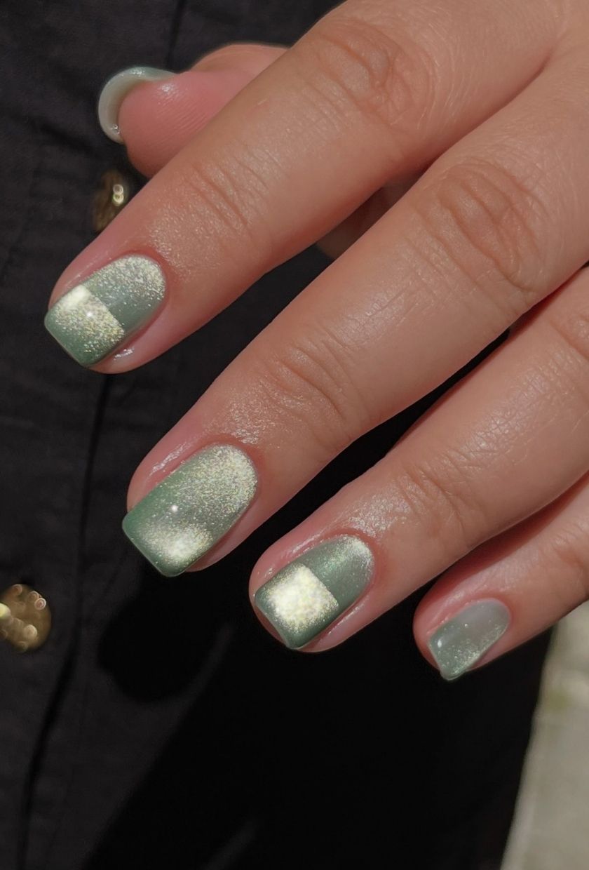 a close-up shot of sage green velvet nails