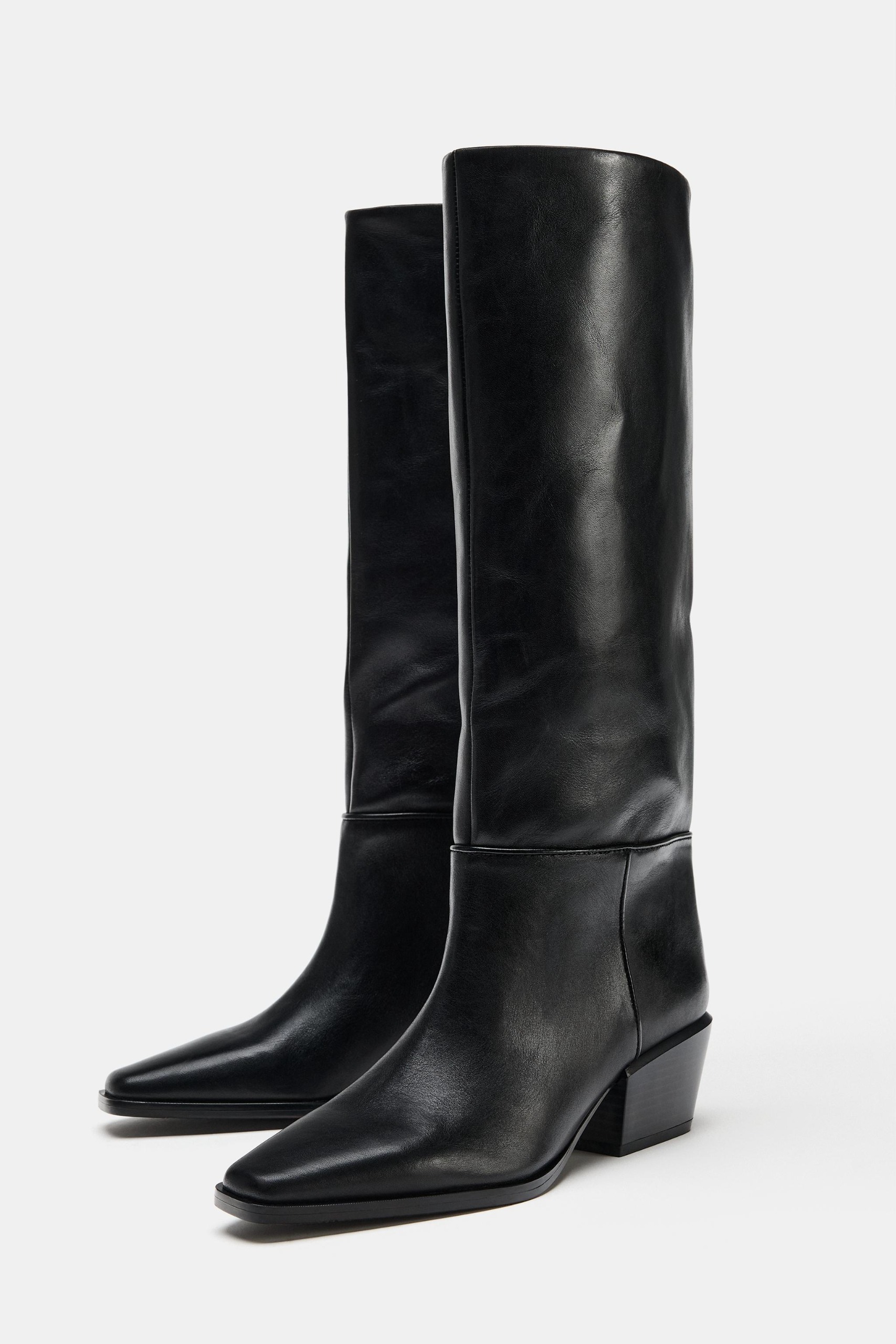 Leather Wide Heel Boots - Black - 5