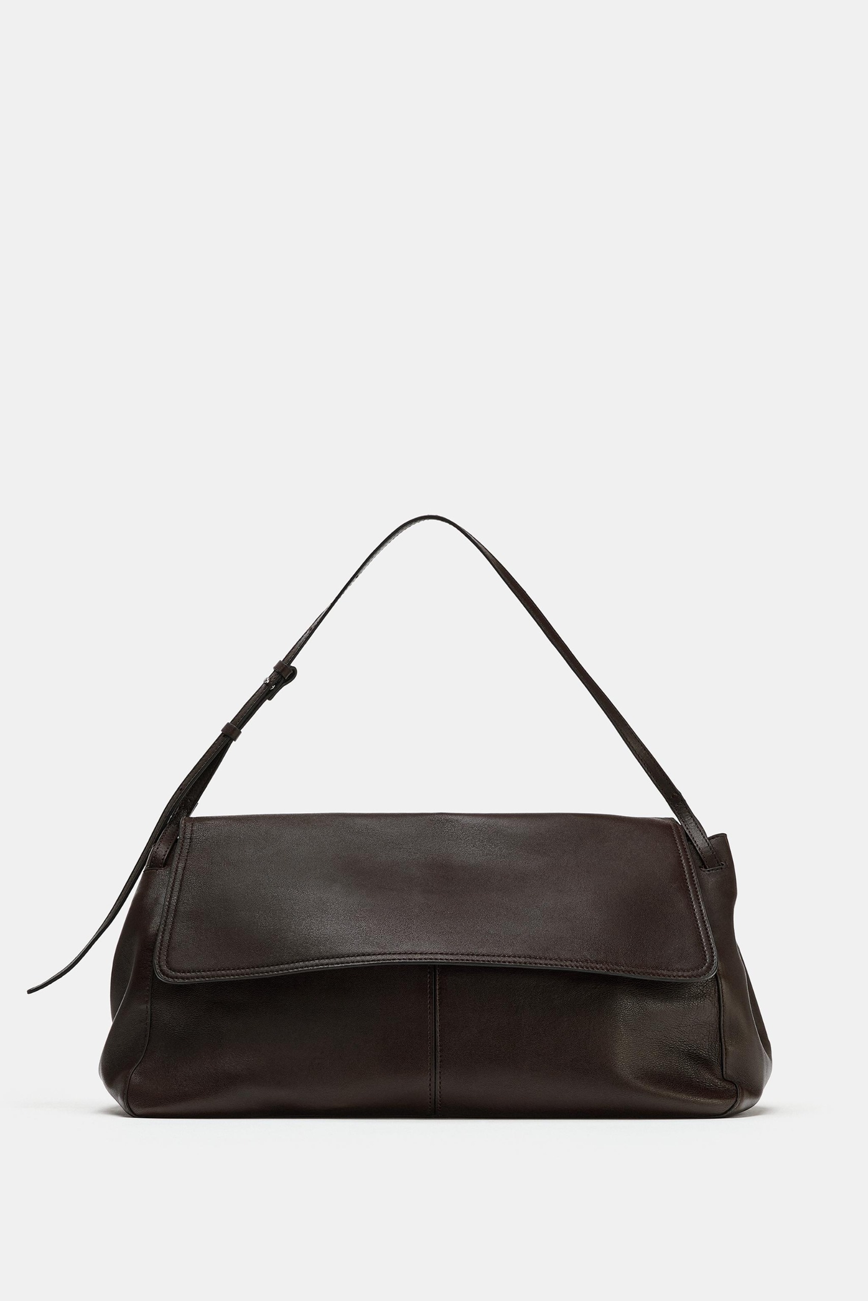 Leather Shoulder Bag With Flap - Chocolate - One Size Only