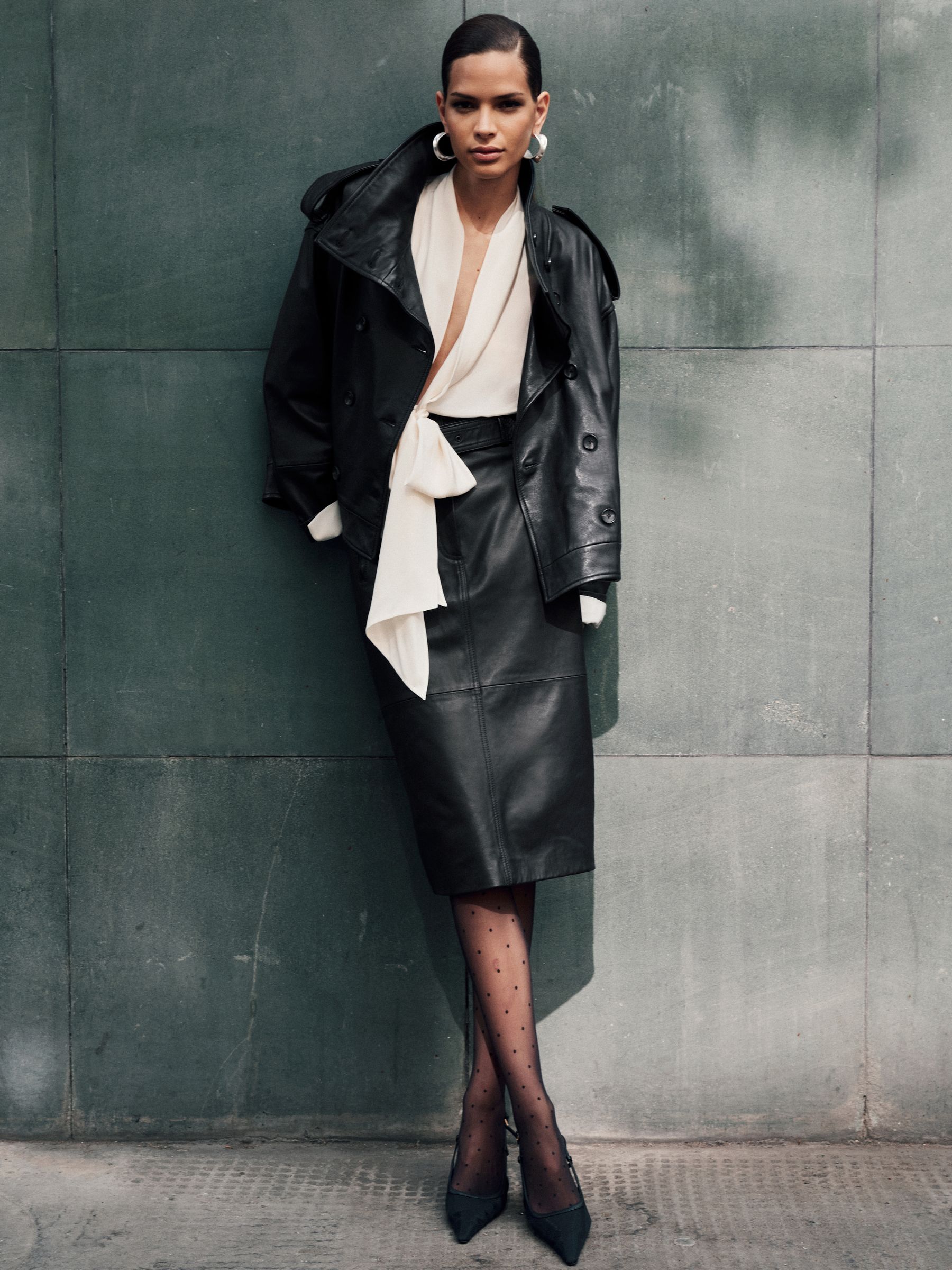 Leather Belted Midi Pencil Skirt in Black - Size 4