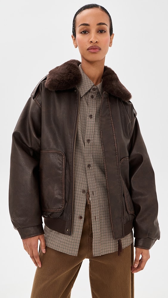 Faux Leather Cruise Flight Jacket - Brown