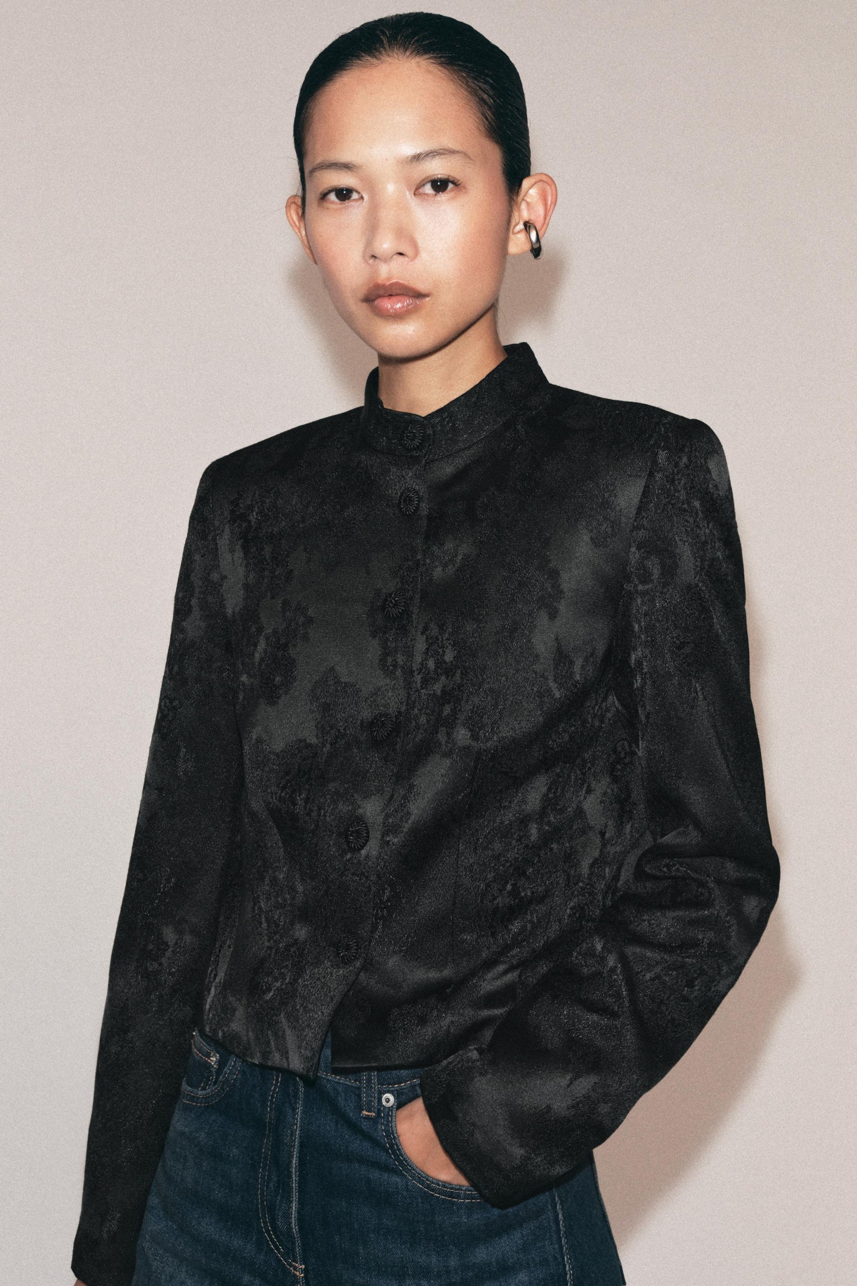 Zw Collection Short Jacquard Jacket - Black - Xs