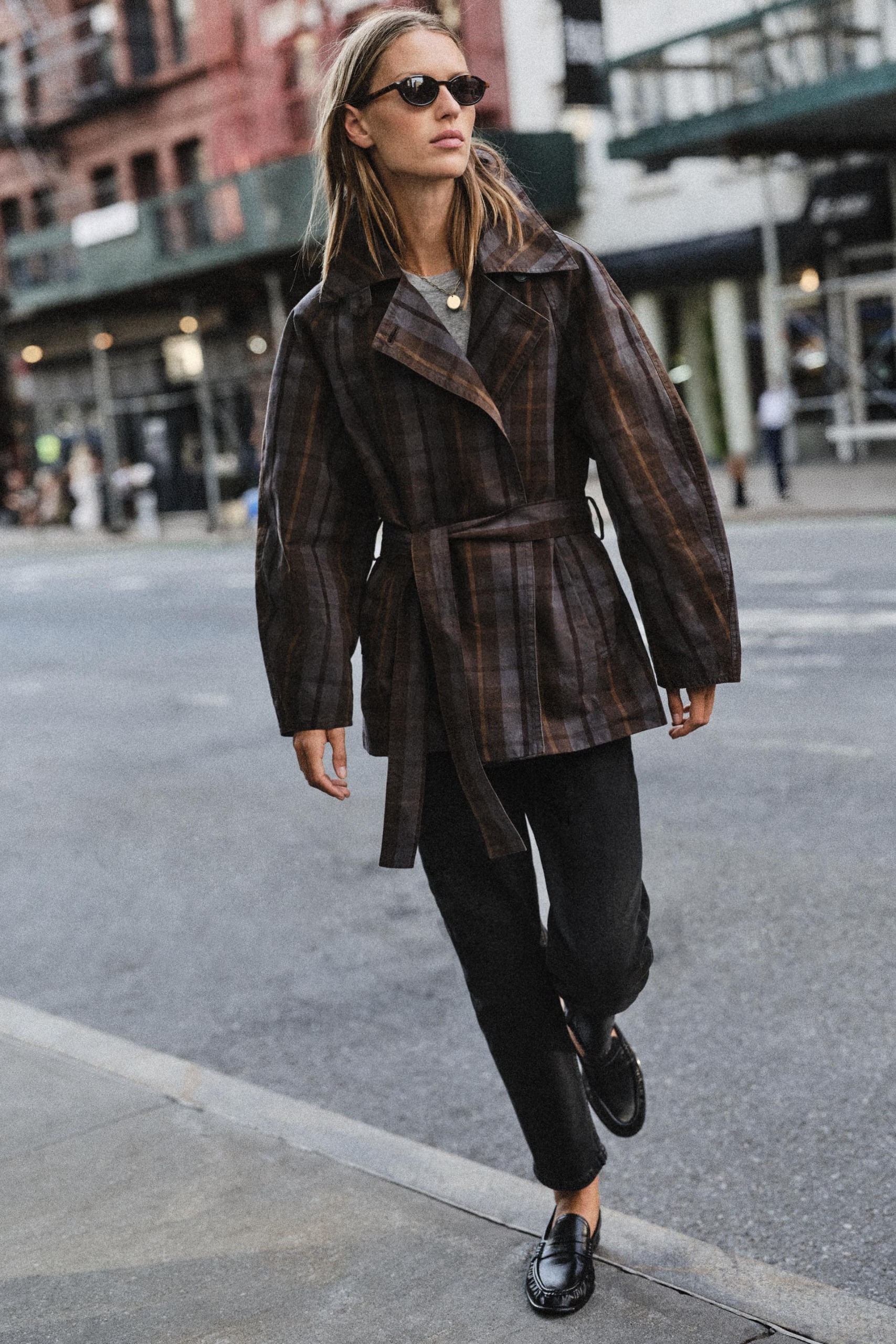 Belted Check Trench Coat - Brown-Blue - Xs