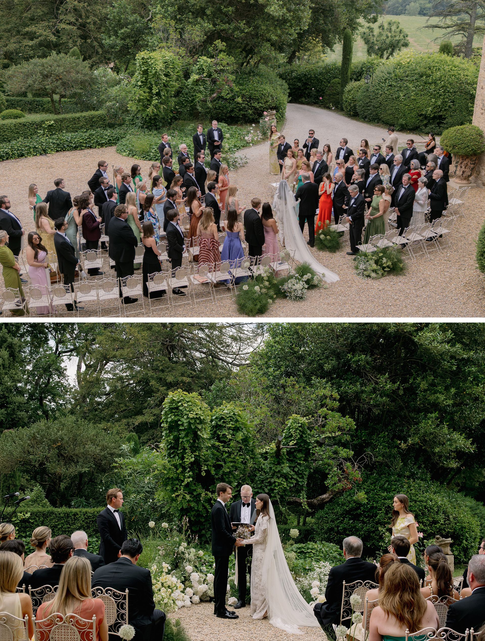 Collage of moments from Abbie and Max's wedding ceremony.