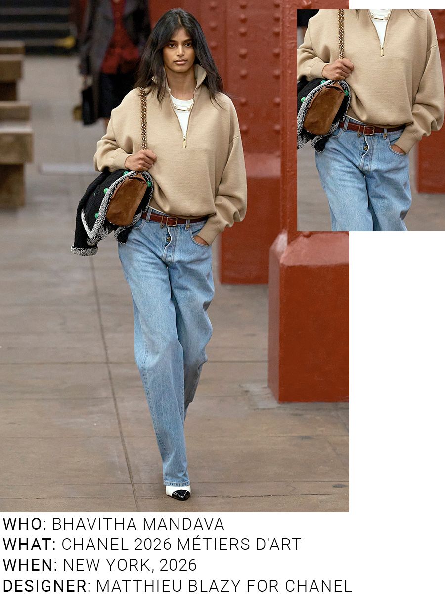 An image of Bhavitha Mandava wearing an iconic denim outfit from the 2026 Chanel M&eacute;tiers d'art show.