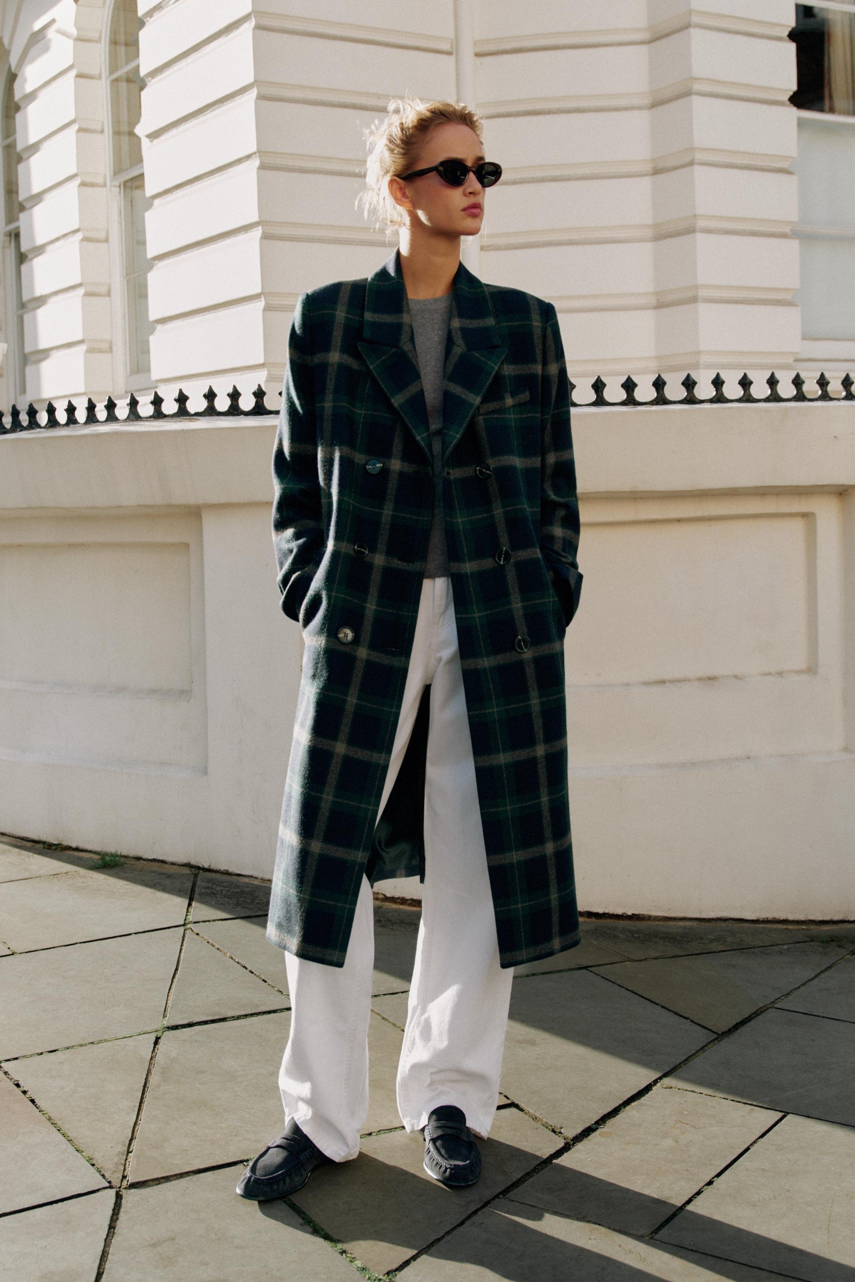 Long Check Coat - Green / Blue - Xs