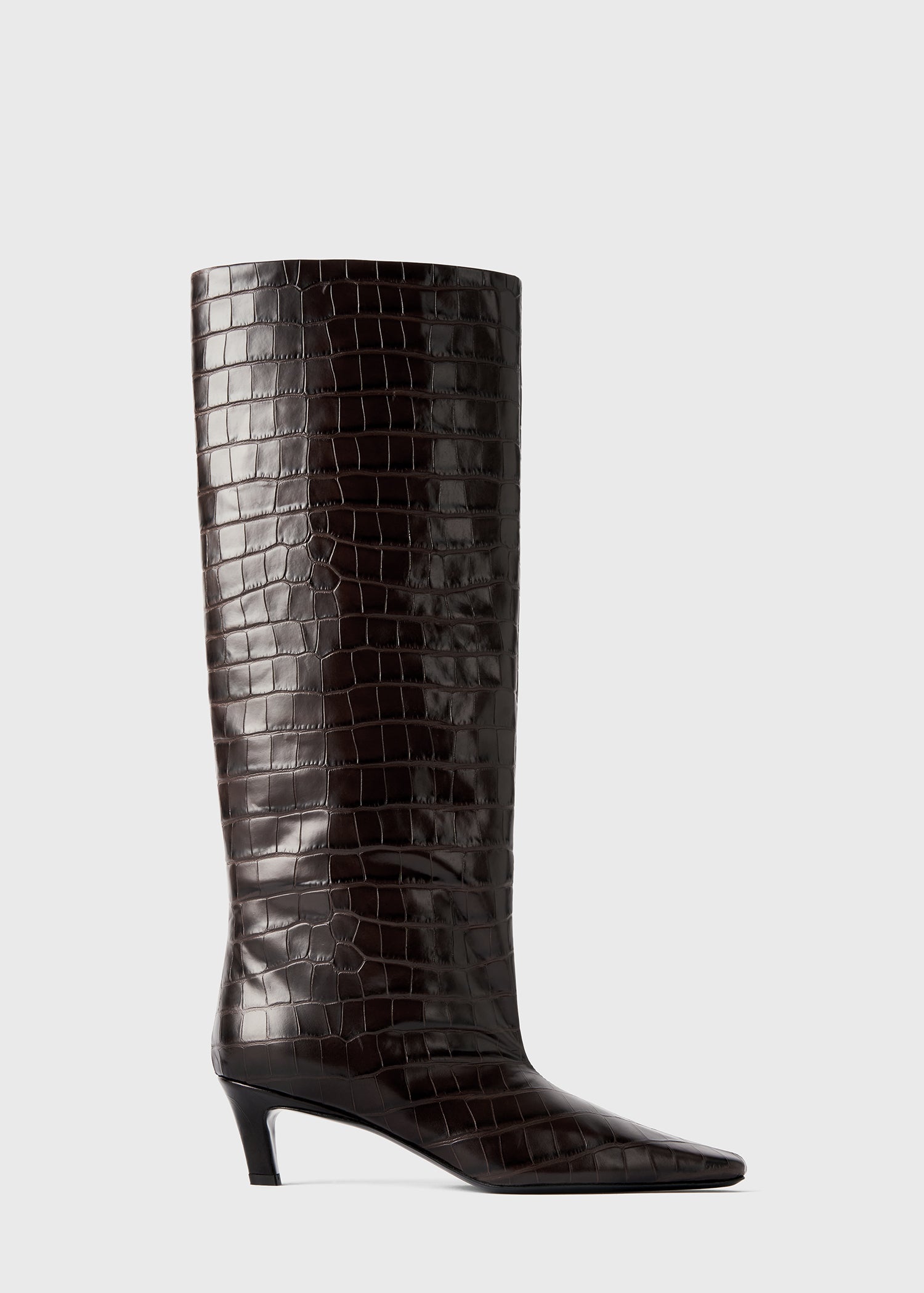 Croco-Embossed Wide Shaft Boots Dark Brown - 35