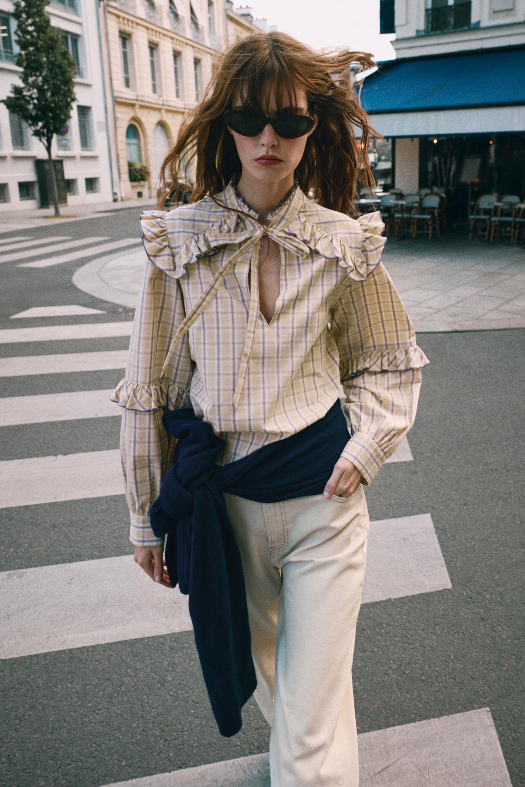 Check Ruffle Blouse - Mauve - Xs