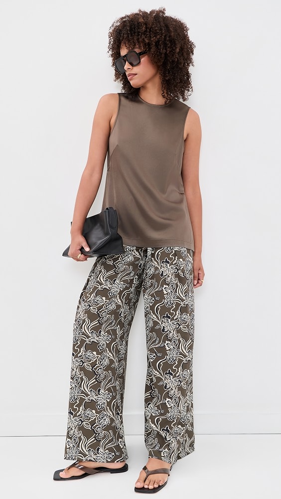 Pleated Wide Silk Pants - Taupe Floral