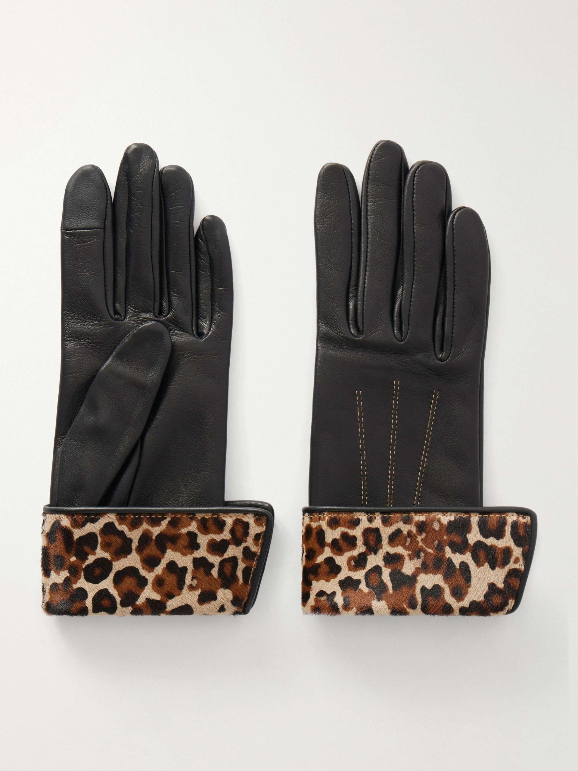 Fannycalf Leopard-Print Calf Hair-Trimmed Leather Gloves