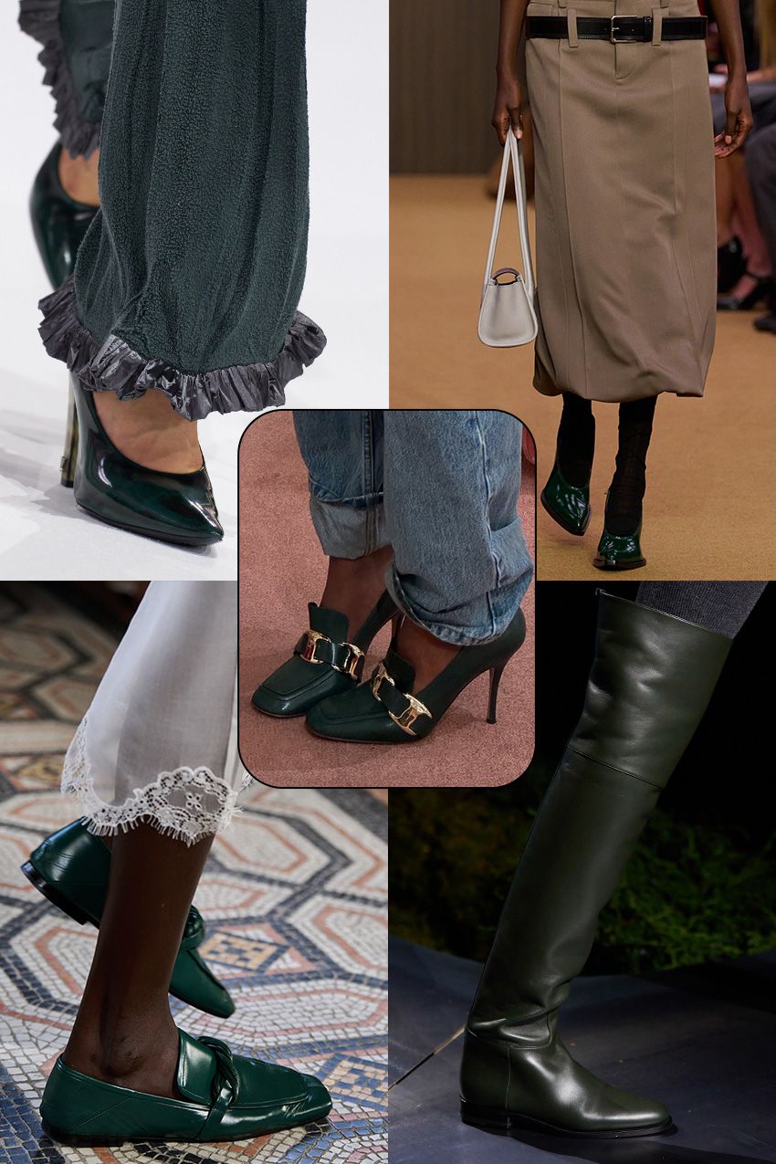 shoe color trends fall 2026 shown in a collage of runway images depicting footwear in forest green color
