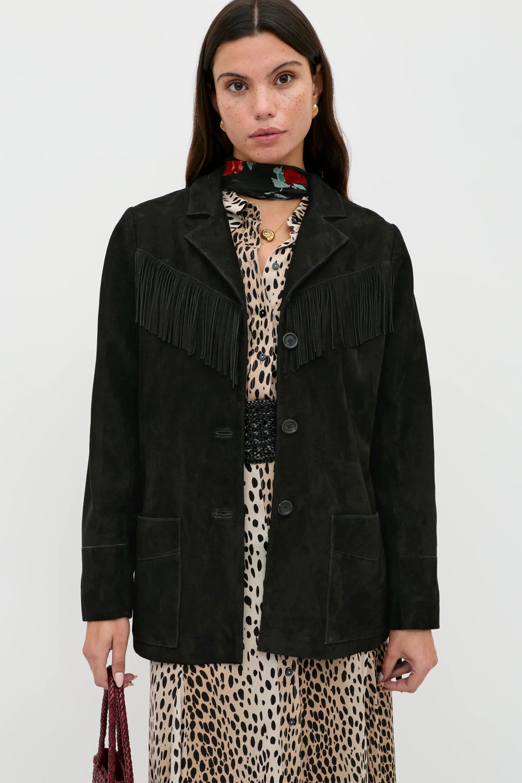 Teagan Fringed Suede Jacket in Black