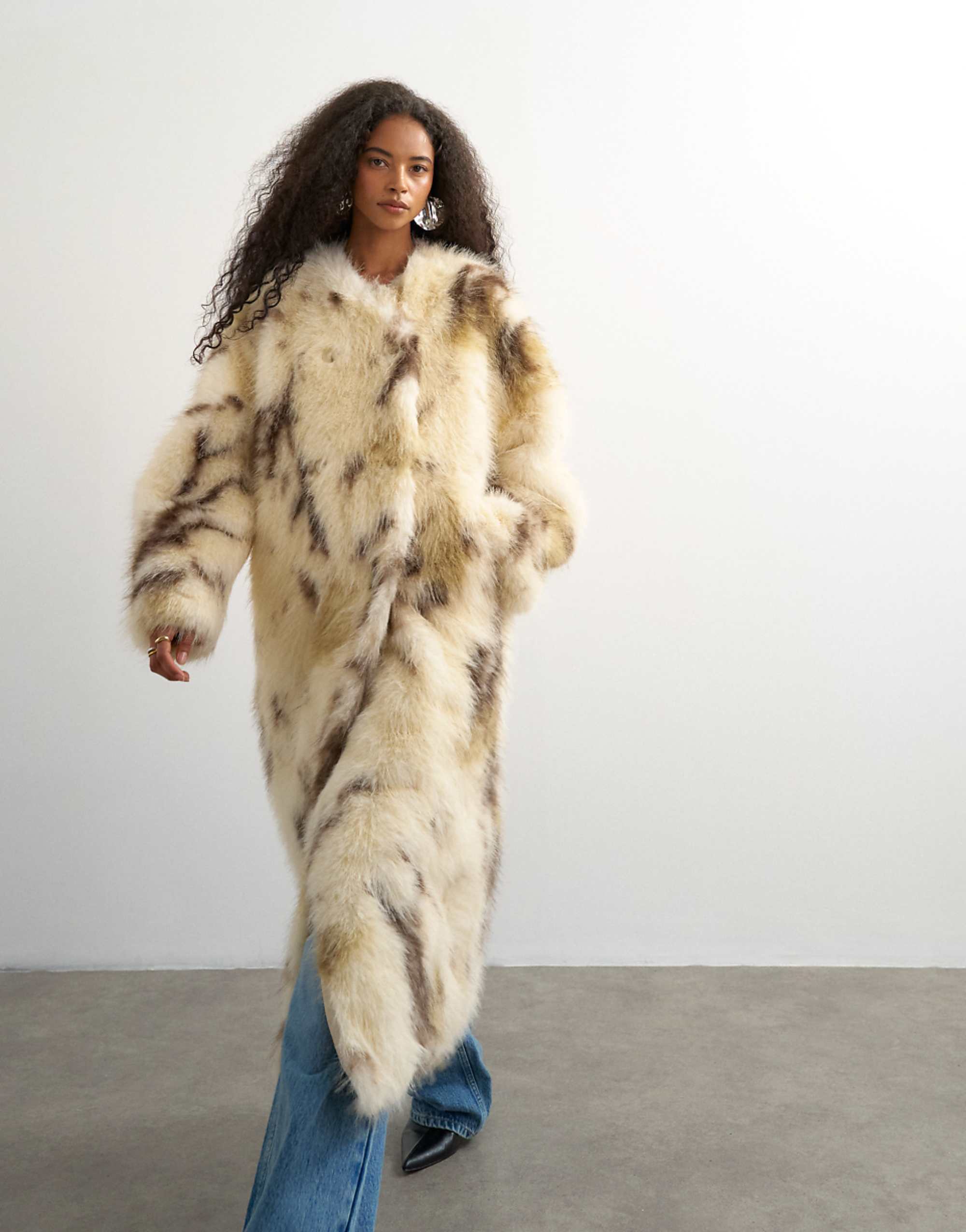 Topshop Oversized Longline Faux Fur Coat in Cow