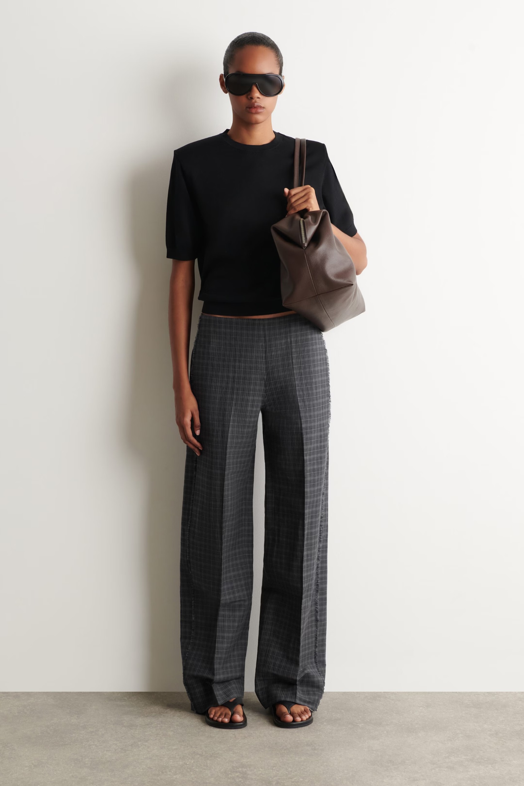 COS, FRINGED CHECKED LINEN-COTTON TROUSERS
