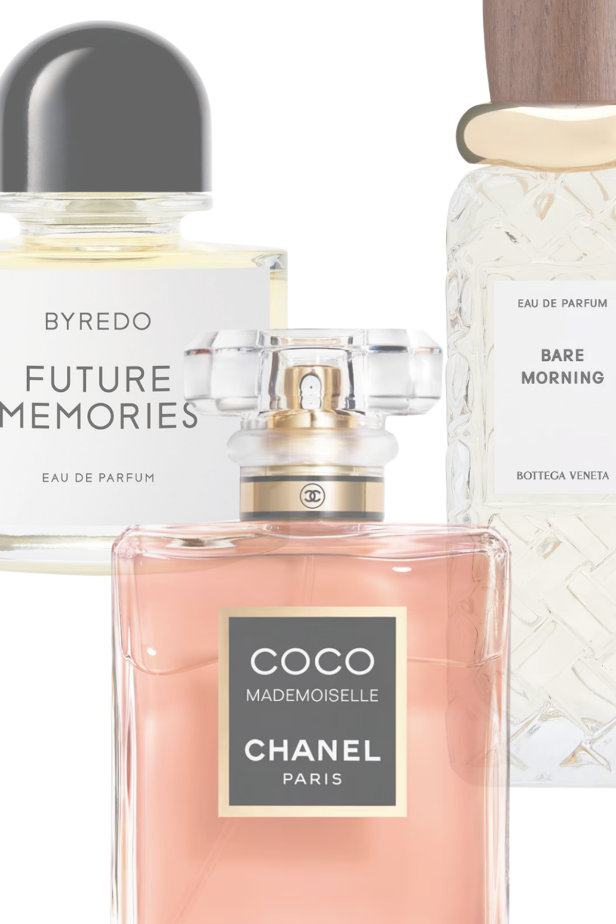 A collage with perfume bottles layered over one another