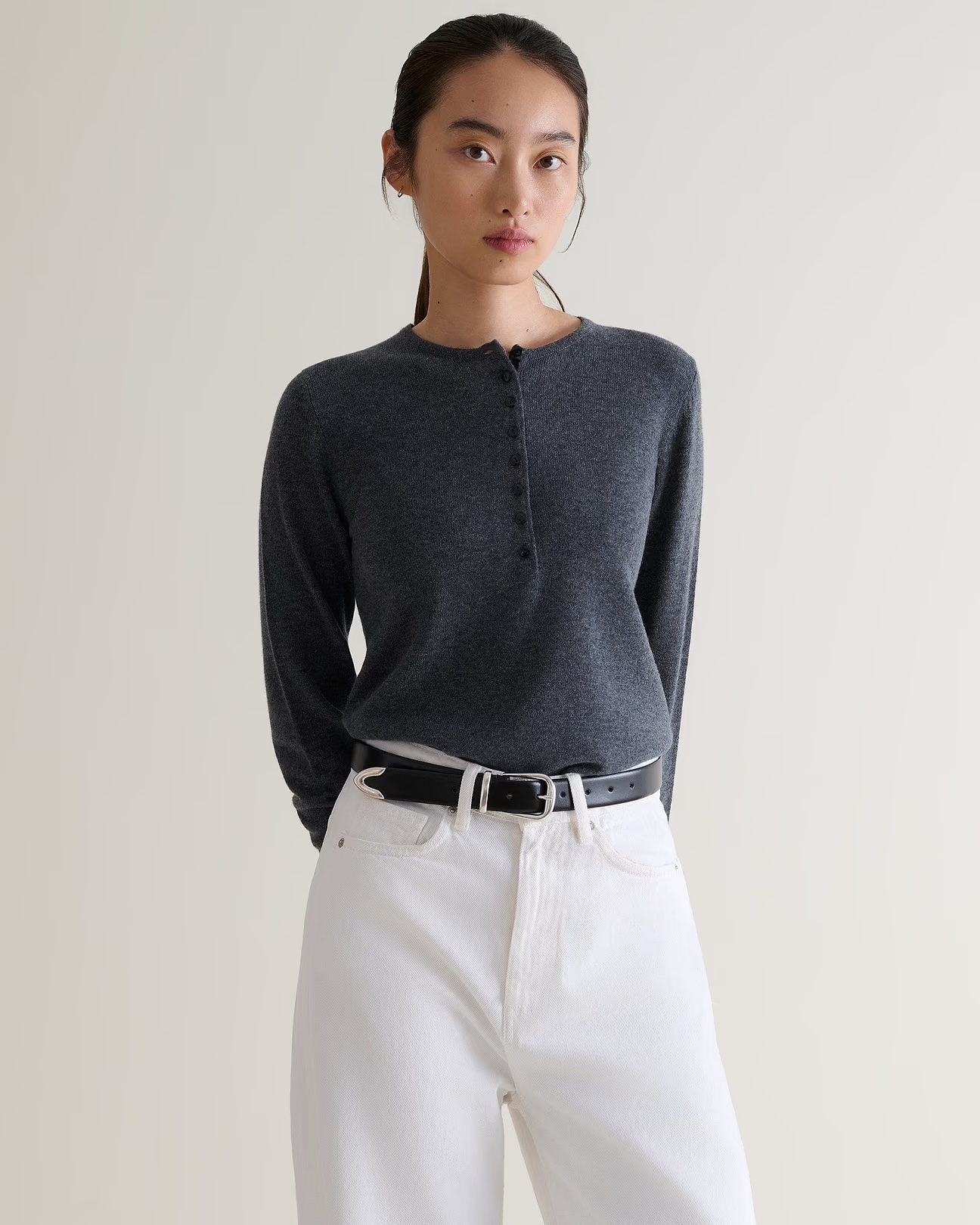 Rise & Fall, Women's Cashmere Merino Henley Jumper - Graphite - Graphite / Xs