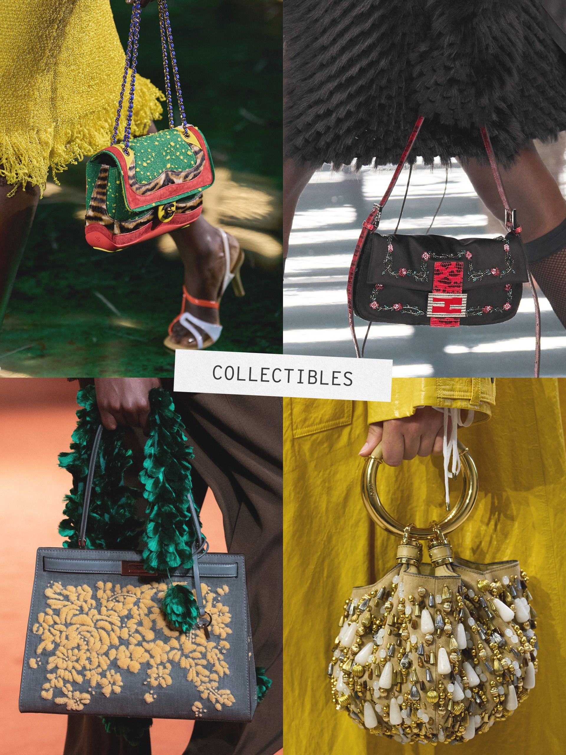 A collage of runway images featuring the major handbag trends of spring/summer 2027.