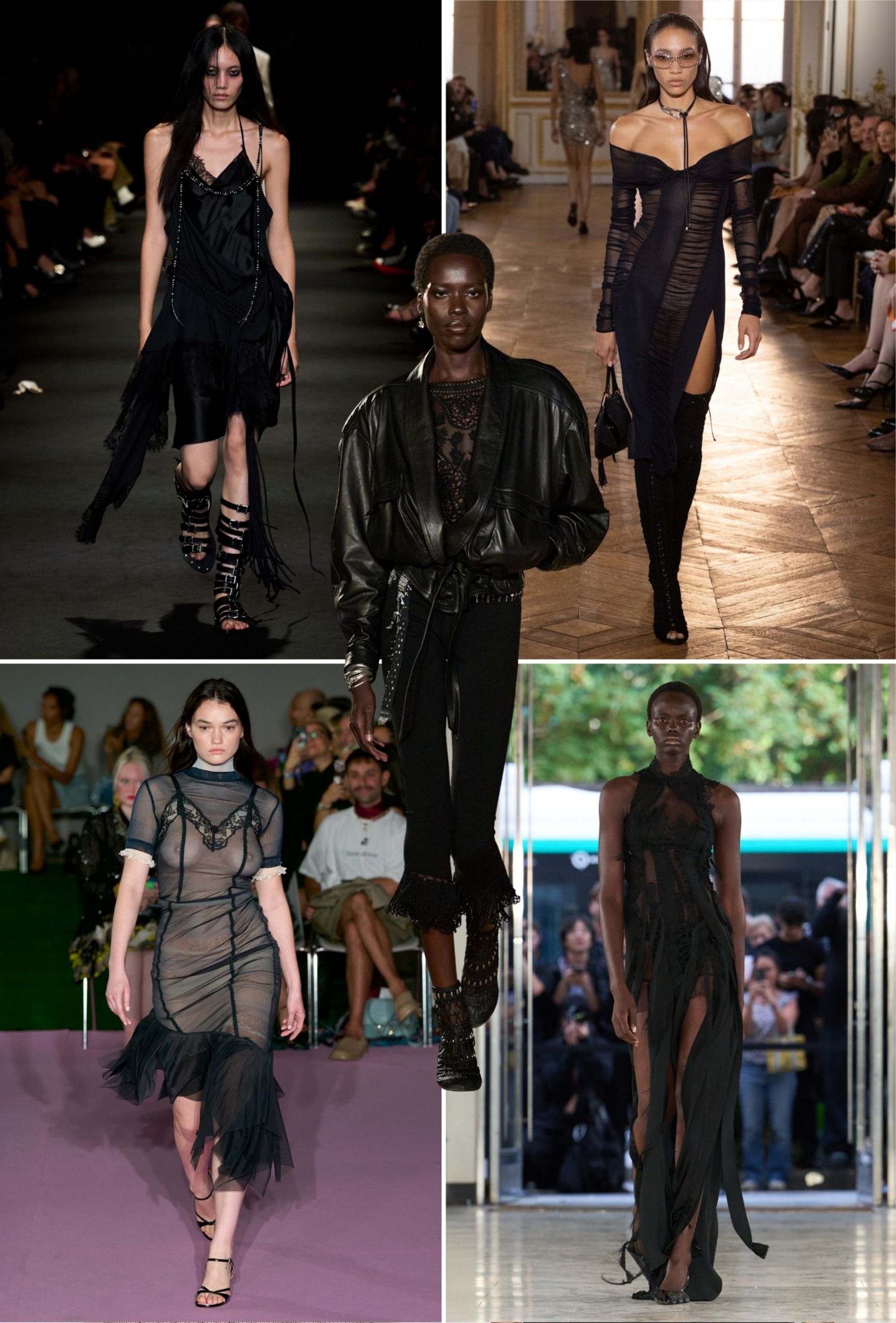 Collage of runway models showing the gothic glamour trend during paris fashion week spring summer 2027