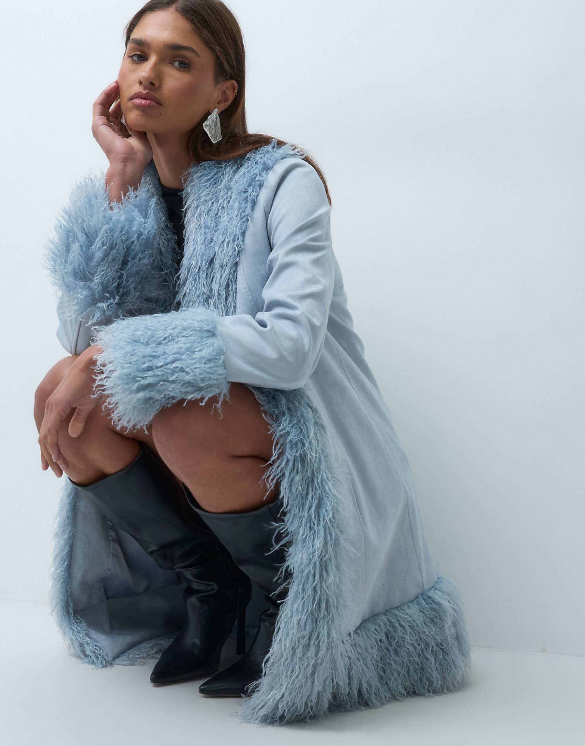 The Frolic Exclusive Faux Fur Trim Penny Lane Midi Coat in Light Blue