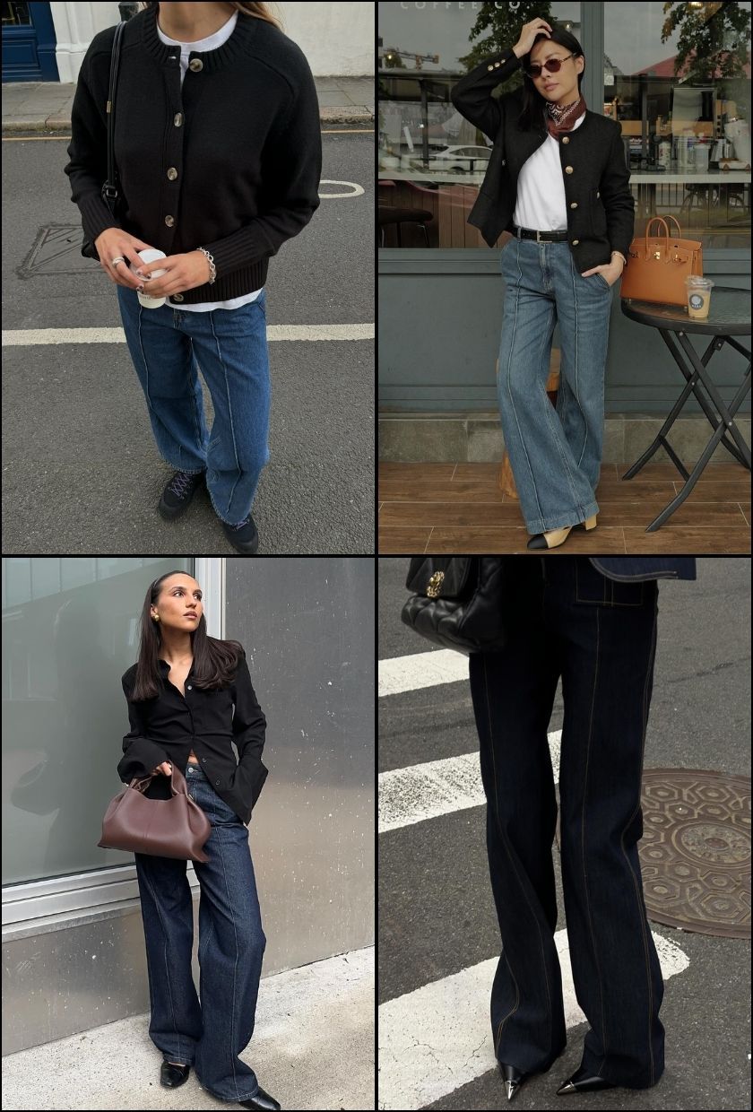 @poppyalmond wears mid-blue pintuck jeans @savinachow wears light-blue pintuck jeans, @ingridedvinsen wears dark-blue pintuck jeans , @veneti.a wears indigo pintuck jeans