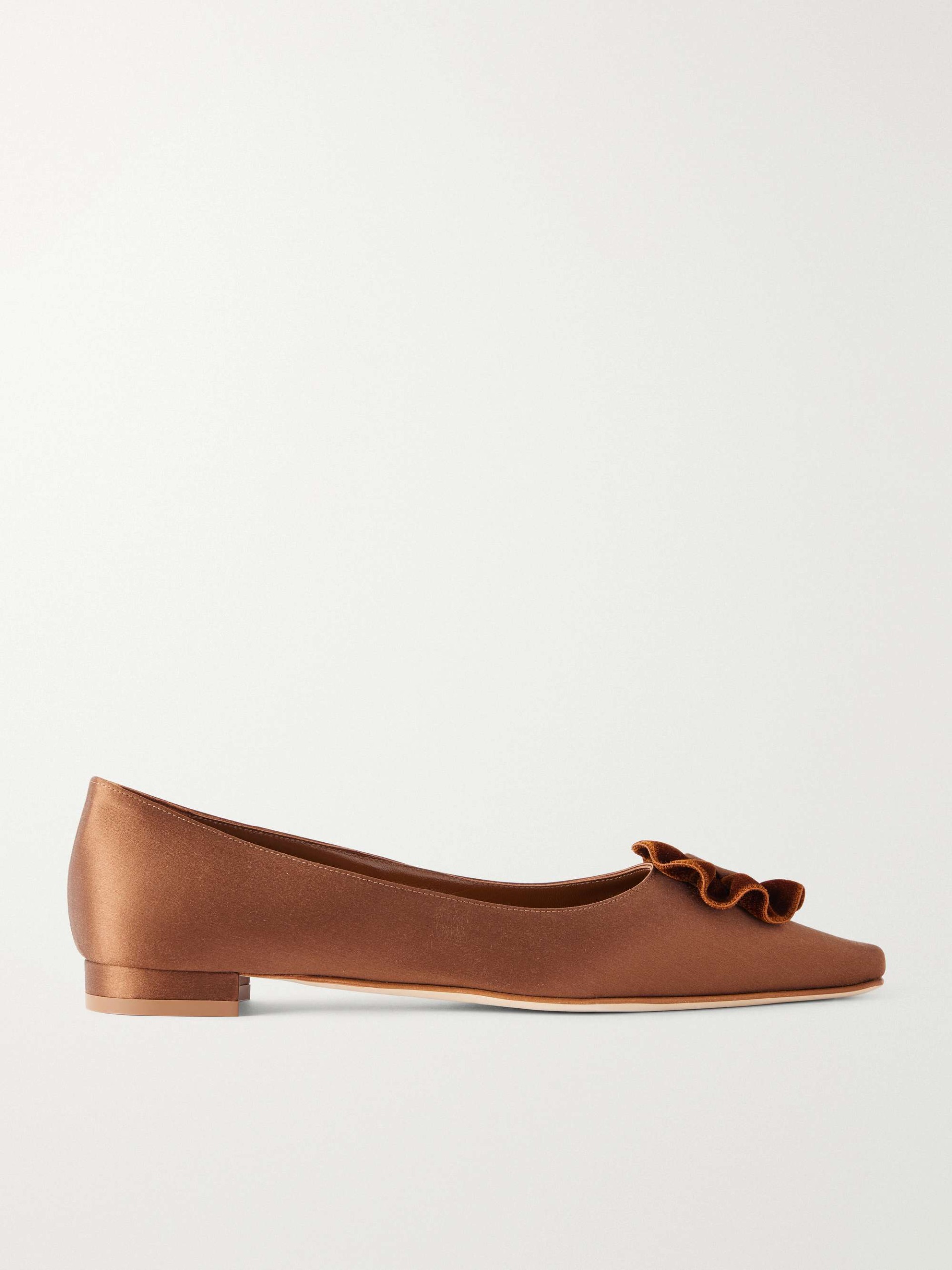 Fortanflat 10 Floral-Appliqu&eacute;d Velvet-Trimmed Satin Flats