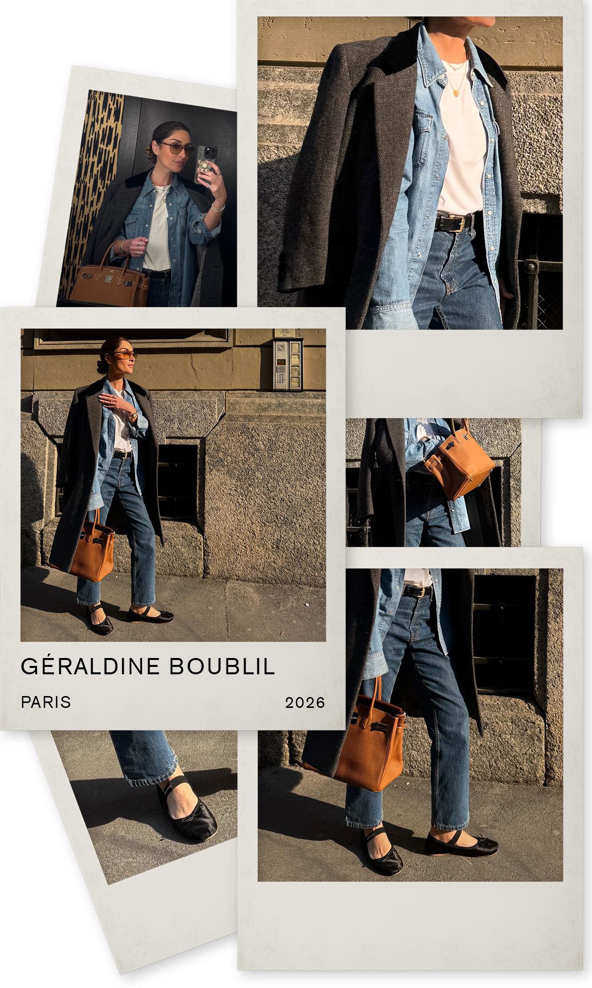 jeans outfits in stylish cities: Géraldine Boublil wears a denim shirt, white tee,  jeans, and a grey long coat