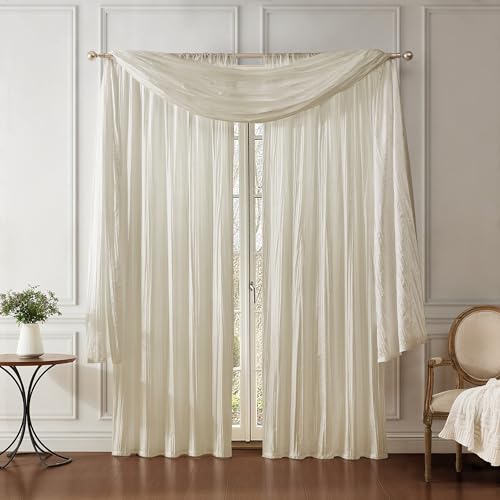 Threadmade Athena Faux Silk Window Curtain and Scarf Set, Ivory - 52