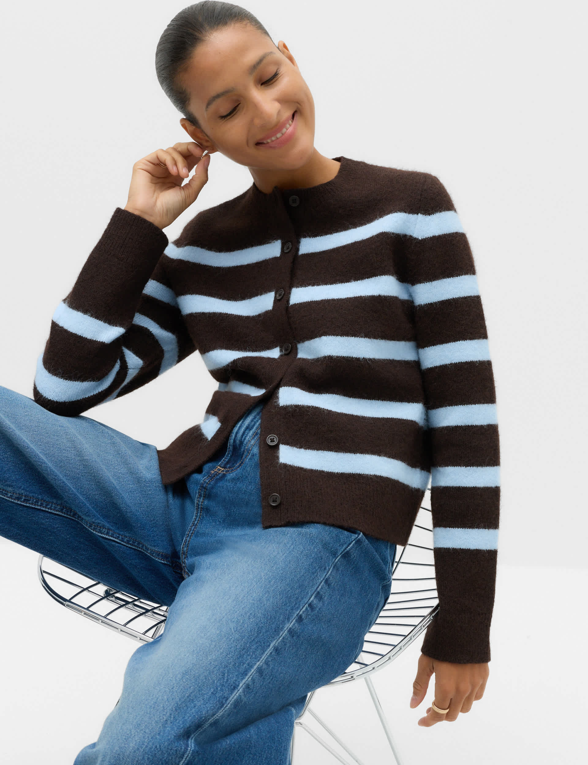 Striped Crew Neck Button Front Cardigan With Wool