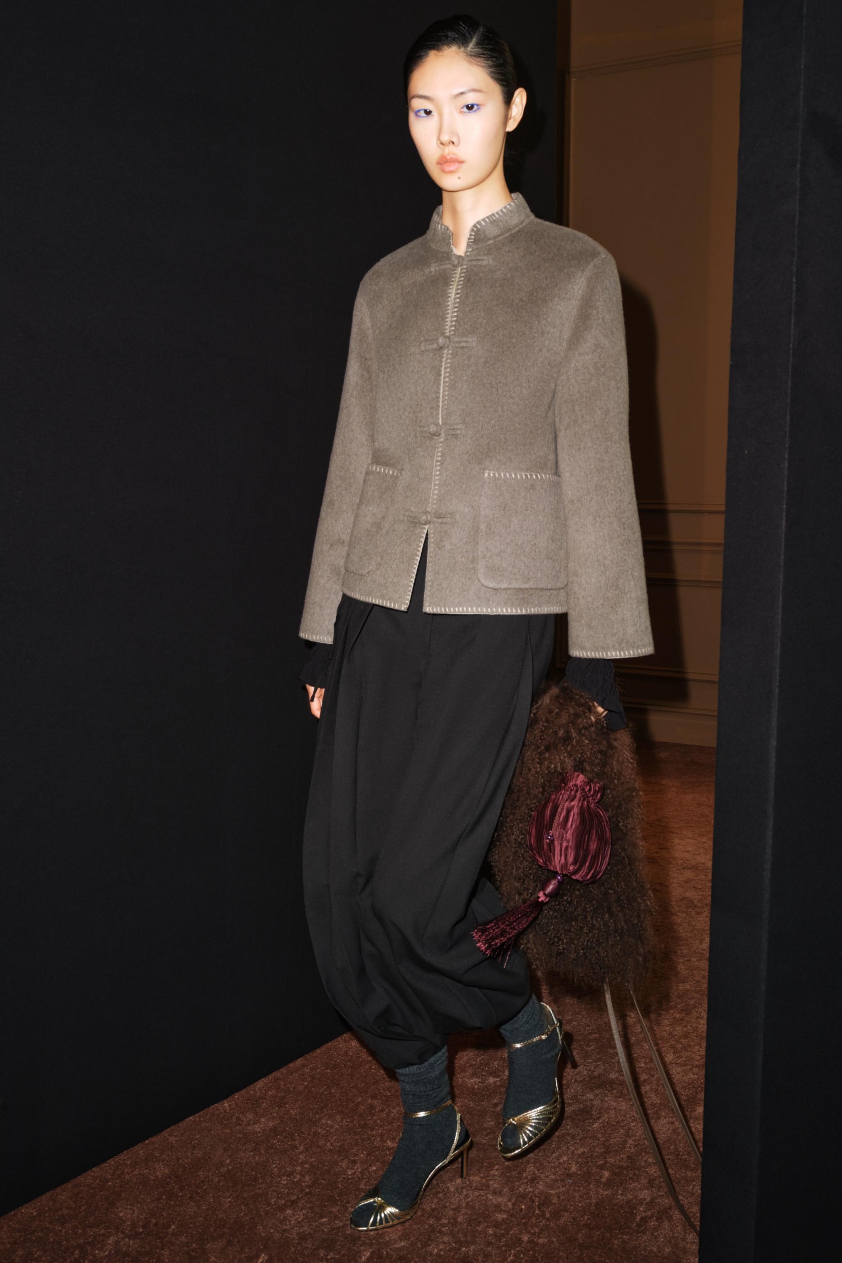 Zw Collection Wool Blend Jacket With Frog Fastening - Brown / Taupe - Xs