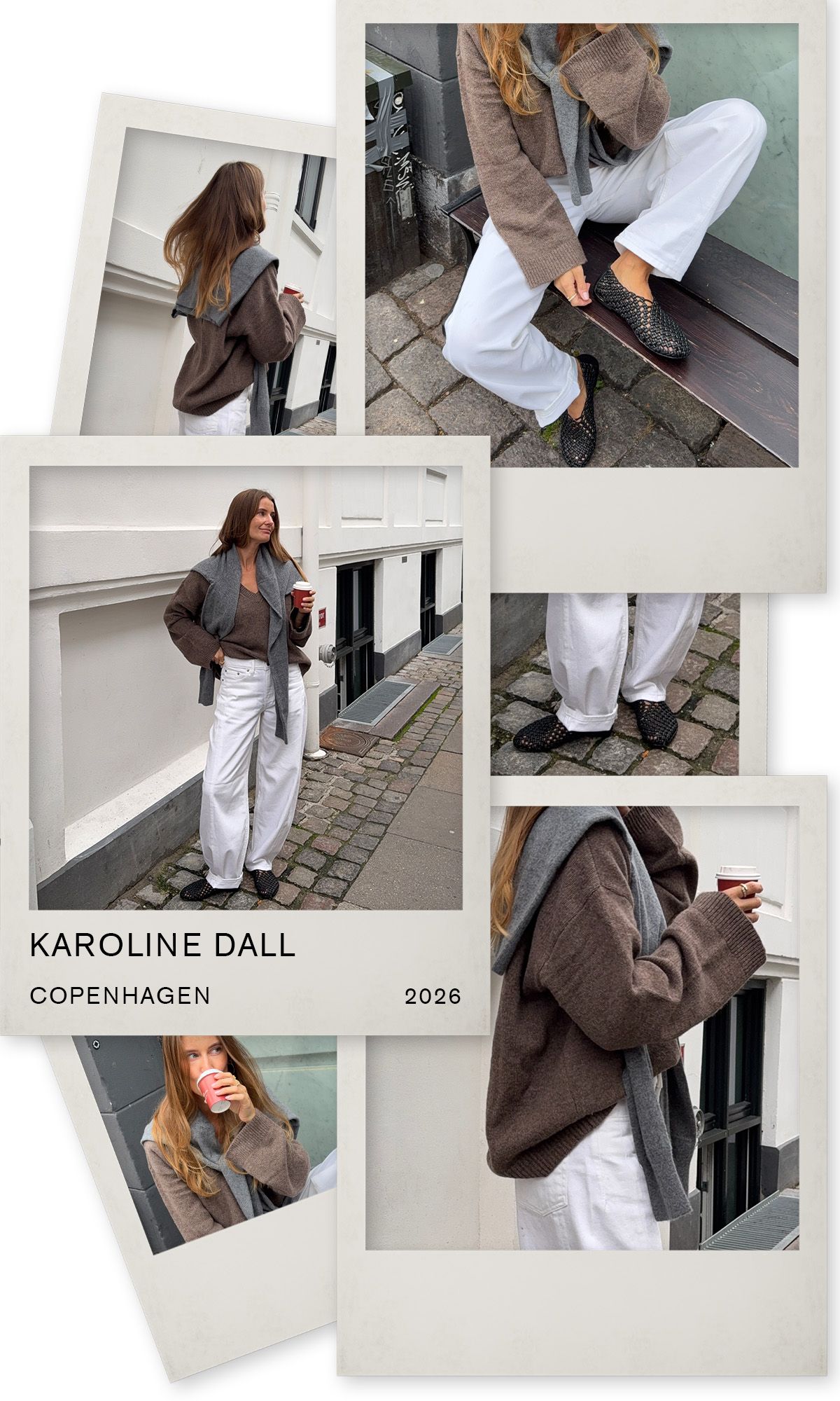 jeans outfits in stylish cities: Karo Dall wears a brown jumper, white jeans and black flats in Copenhagen