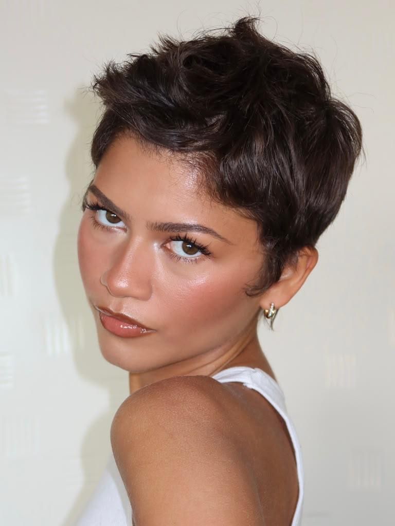 Zendaya wearing a new, shorter pixie cut before the Louis Vuitton Spring/Summer 27 show in Paris