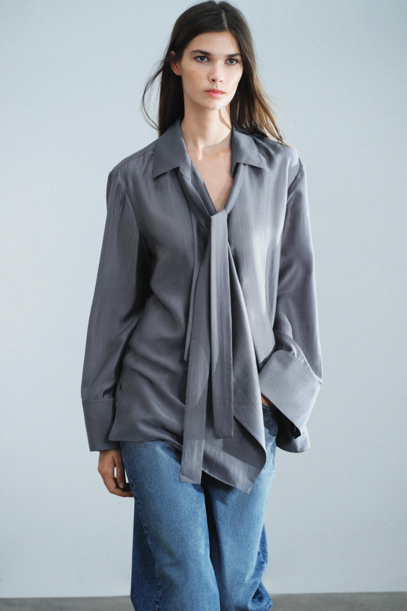 Zw Collection Flowy Bow Shirt - Dark Gray - Xs