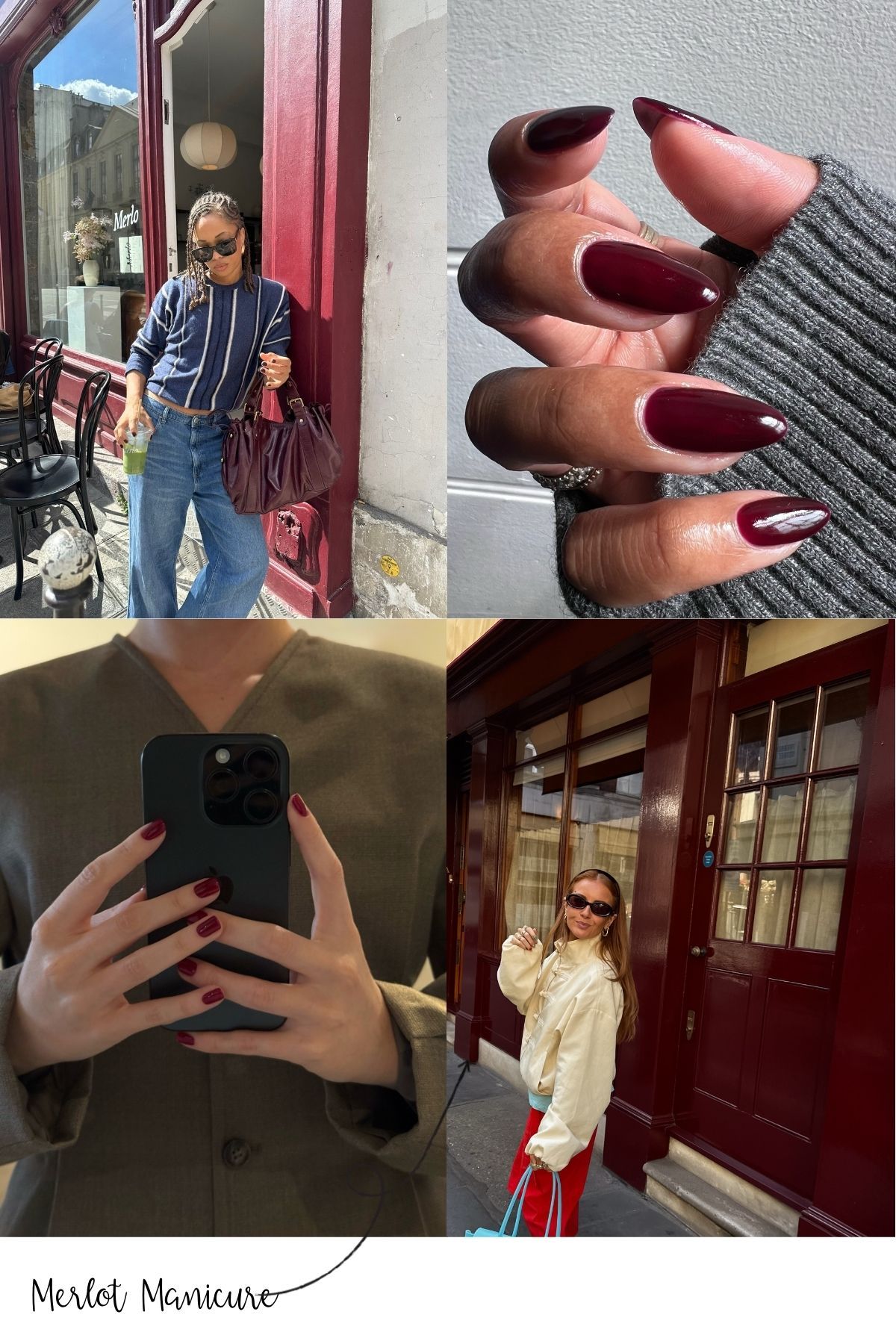 A collage of fashion influencers posing outside merlot-coloured buildings, and two pictures of a merlot manicure