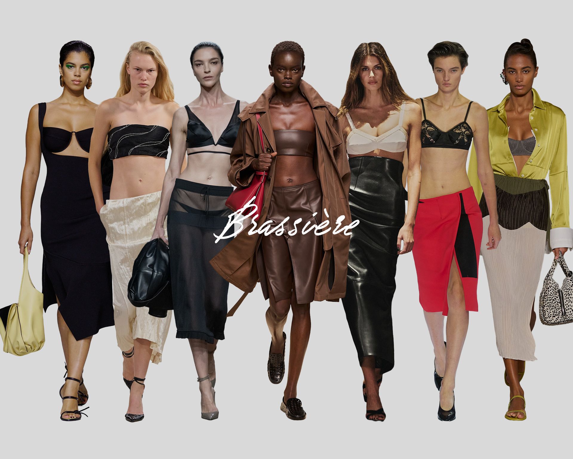 Collage of models wearing trends on the spring/summer 2027 runways.